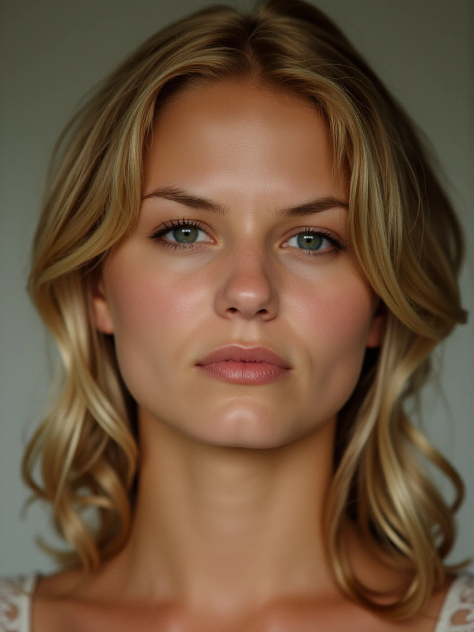 emotional moment in <lora:jennifer-morrison-v1-000002:1> woman, blonde <lora:zz_s_Stylish_Lighting:0.5>, extreme close-up, zoomed, focus on face, centered, macro shot, face centered, focus on eyes, looking directly at the viewer, looking directly at the camera, making eye contact, looking straight ahead, modest clothes, modest apparel, chest covered, modesty <lora:zz_s_Chest_Size_Slider:-2>. 135mm lens, f/4, capture expressions, ambient lighting