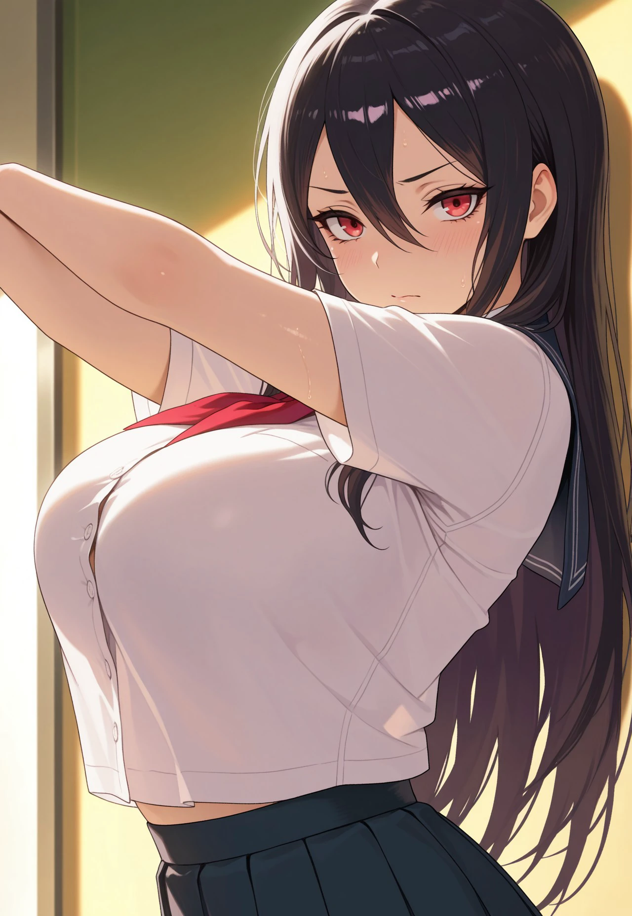 safe_pos, (masterpiece, best quality, amazing quality), flat_color,  1girl, solo, looking at viewer, attractive pose, blush, Levia, large breasts, red eyes, black hair, long hair, hair between eyes, school uniform,