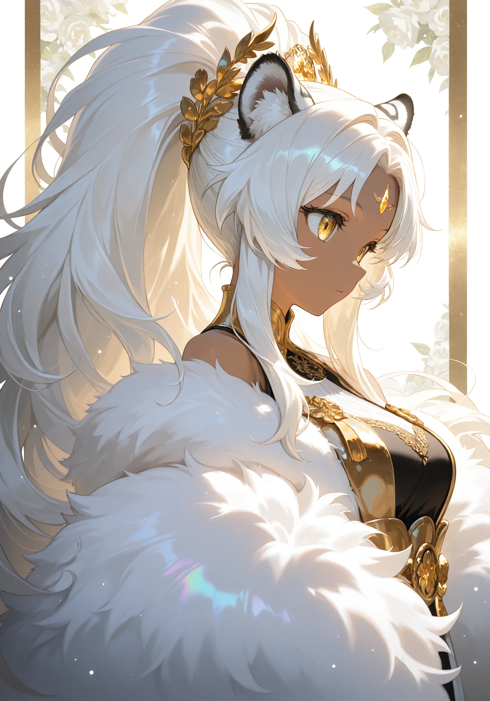 masterpiece, best quality, good quality,
anime character, white hair, gold eyes, (dark skin), high ponytail, golden hair ornament, (fluffy big hair), white tiger ears, solo, girl, water particles, general, white background, pure, iridescent sidelighting, clear outlines, pillarboxed, outside border, floral border