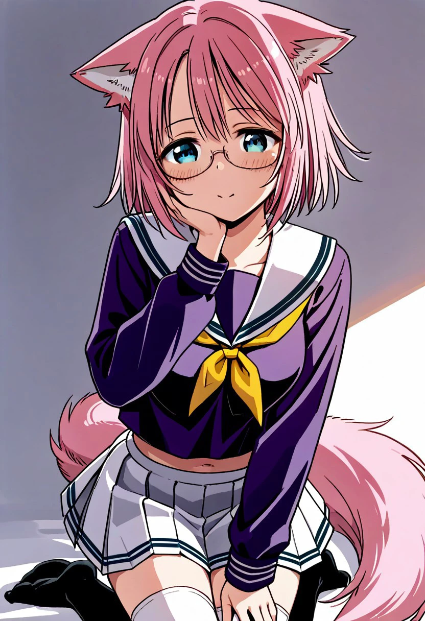 score_9, score_8_up, score_7_up, score_6_up, score_5_up, score_4_up, Rimu Urie, 1 girl, short hair, pale pink hair, wolf ears, long tail, fluffy wolf tail, monkey tail, medium breasts, skirt, school uniform, pleated skirt, serafuku, white skirt, shirt, purple shirt, sailor collar, white sailor collar, long sleeves, handkerchief, yellow handkerchief, knee-high stockings