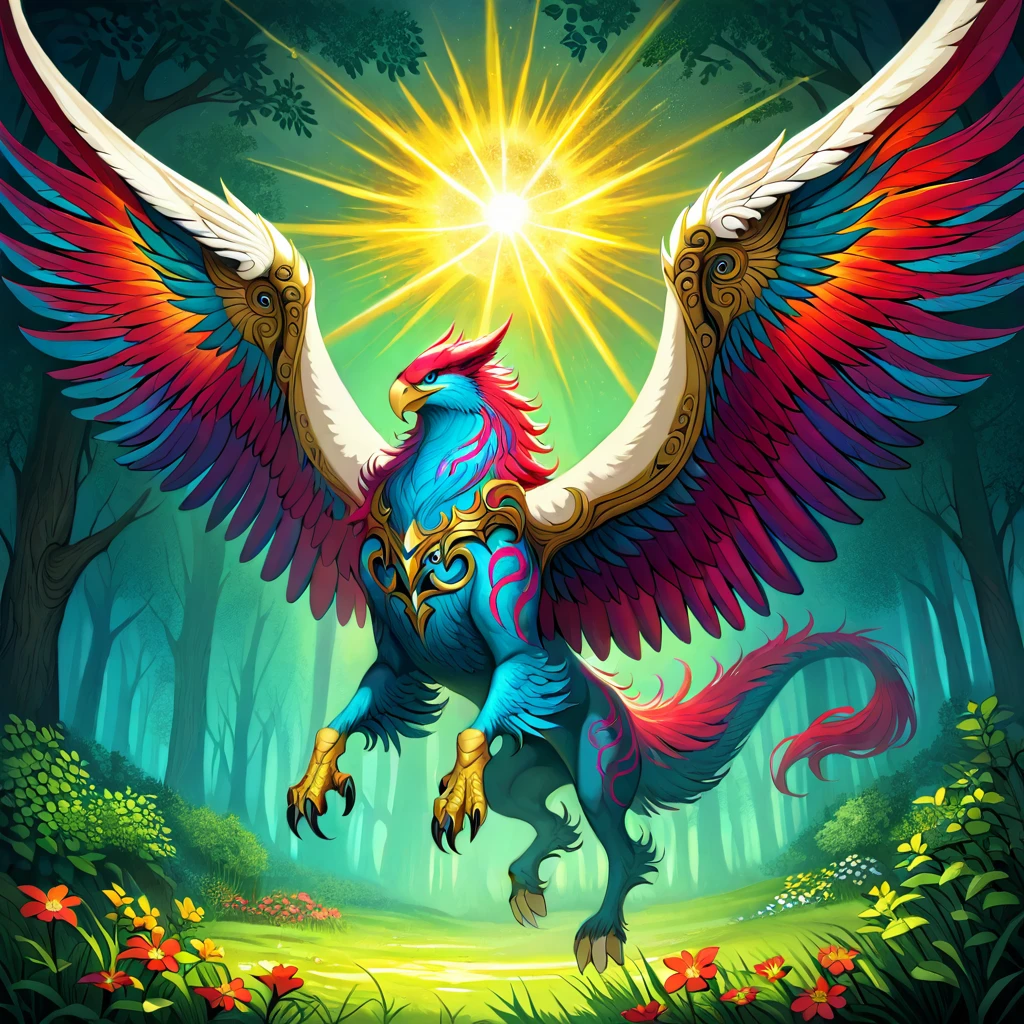 ethereal fantasy concept art of   <lora:hippogriffs, griffs - illustrious:1> hippogriffs, dark fantasy, dark art painting, hippogriff with silver feathers and chestnut fur, wings outstretched mid-takeoff, sunlit forest clearing, golden rays piercing through dense foliage, soft ambient light, dappled shadows, dynamic low-angle shot capturing motion, magical and natural environment . magnificent, celestial, ethereal, painterly, epic, majestic, magical, fantasy art, cover art, dreamy