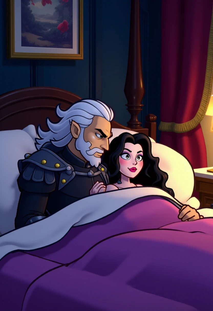 <lora:Paper_Mario_TTYD_Style_FLUX-Caption:1.1>
The image is a digital drawing in a cartoon pmttyd style, depicting  Geralt of Rivia in bed with Yennefer of Vengerberg