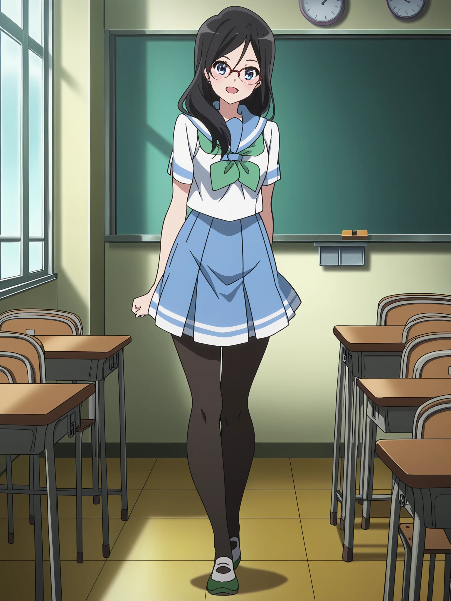 masterpiece, best quality, detailed background, anime screencap, anime coloring, 
in a classroom,
<lora:Asuka_Tanaka_Sound_Euphonium_-_Illustrious:.8>, 1girl, girl is 18 years old, solo, black hair, long hair, blue eyes, glasses, red-framed eyewear, Asuka blue school uniform, Kitauji High School Uniform, green neckerchief, pantyhose, skirt, serafuku, shoes
looking at the viewer, full body shot, big smile, mouth open