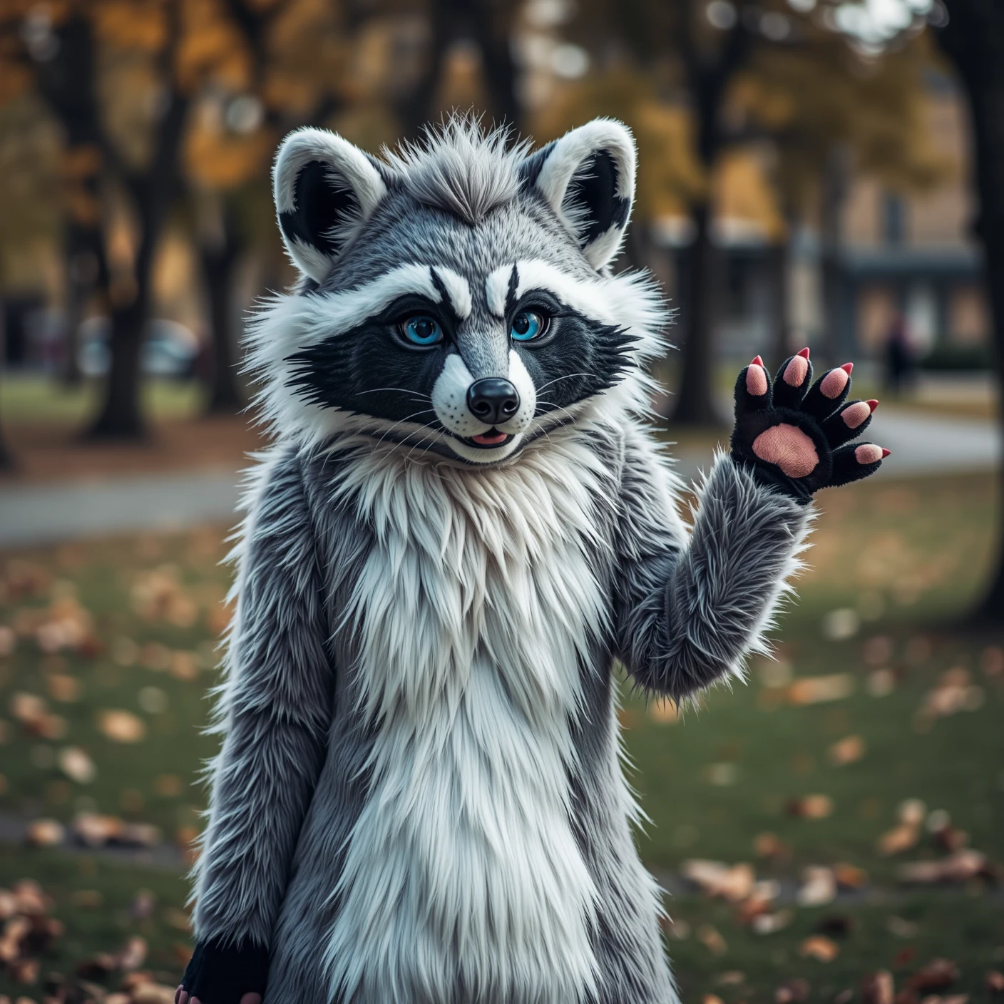 photogrfursuit, anthropomorphic, anthro, fluffy body, furry, fur body, grey raccon, white hair, blue eyes, park,