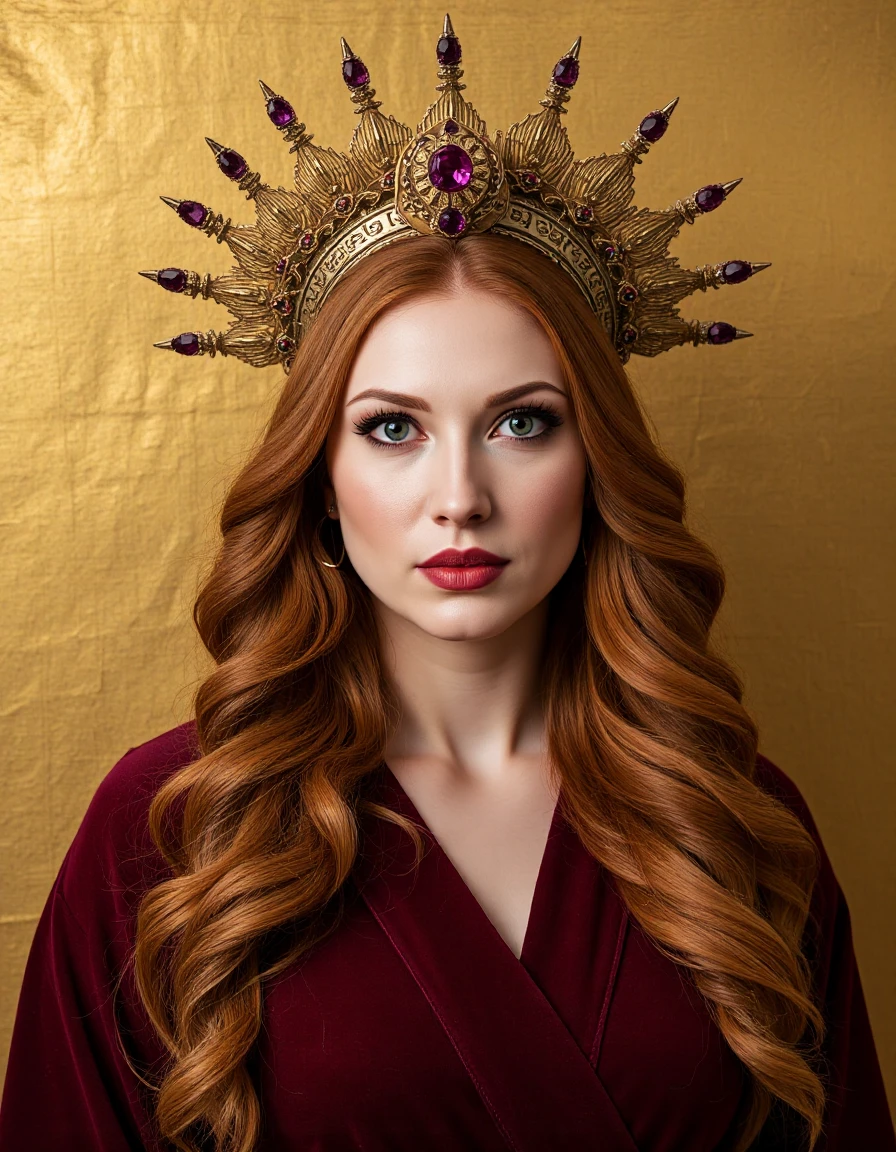 portrait of a regal woman with long, wavy auburn hair draped over her shoulders. She has a fair complexion with striking green eyes and full lips painted a deep burgundy. Her expression is serene, with a touch of melancholy. She is dressed in a luxurious velvet robe in a rich burgundy shade that complements her hair. Adorning her head is an ornate halo-like headpiece, radiating spikes embellished with intricate filigree patterns and embedded with an array of gemstones that catch the light. The background should be a textured, old gold leaf wall that adds an antique charm to the composition, making the subject appear as if she is a part of a Renaissance painting, raw,realistic