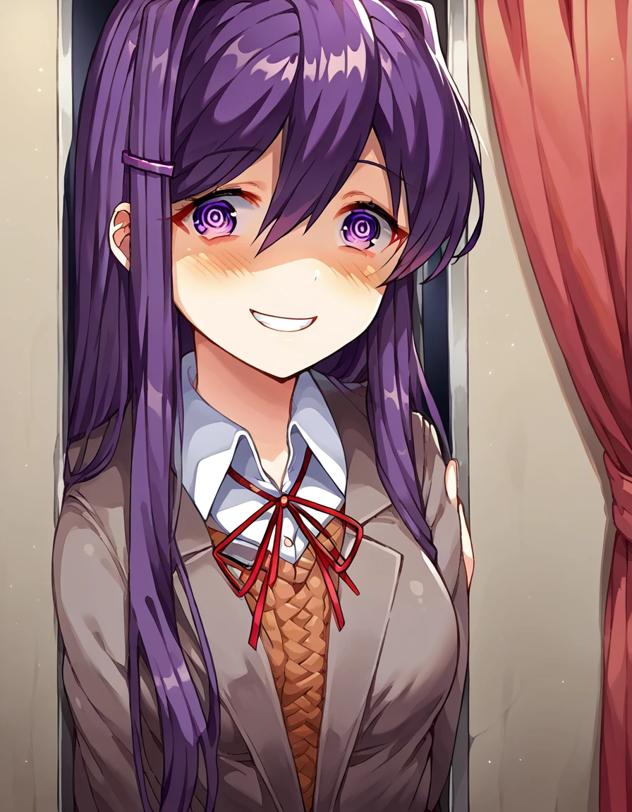 score_9, score_8_up, score_7_up, source_anime, <lora:ddlc-yuri-ingame-ponyxl-lora-nochekaiser:1>, yuri, yuri (doki doki literature club), hair ornament, hairclip, long hair, purple eyes, purple hair, hair intakes, hair between eyes, sidelocks, medium breasts,, skirt, shirt, ribbon, school uniform, jacket, white shirt, blue skirt, neck ribbon, wing collar,, stage, curtains, spotlight, audience, microphone, smile, <lora:heres-johnny-ponyxl-lora-nochekaiser:1> heres johnny, here's johnny! (meme), broker door, hole in wall, breaking through wall, meme, crazy smile, blush, door, crazy eyes, hole, evil smile,, completely nude,, looking at viewer, solo,, dutch angle, cowboy shot