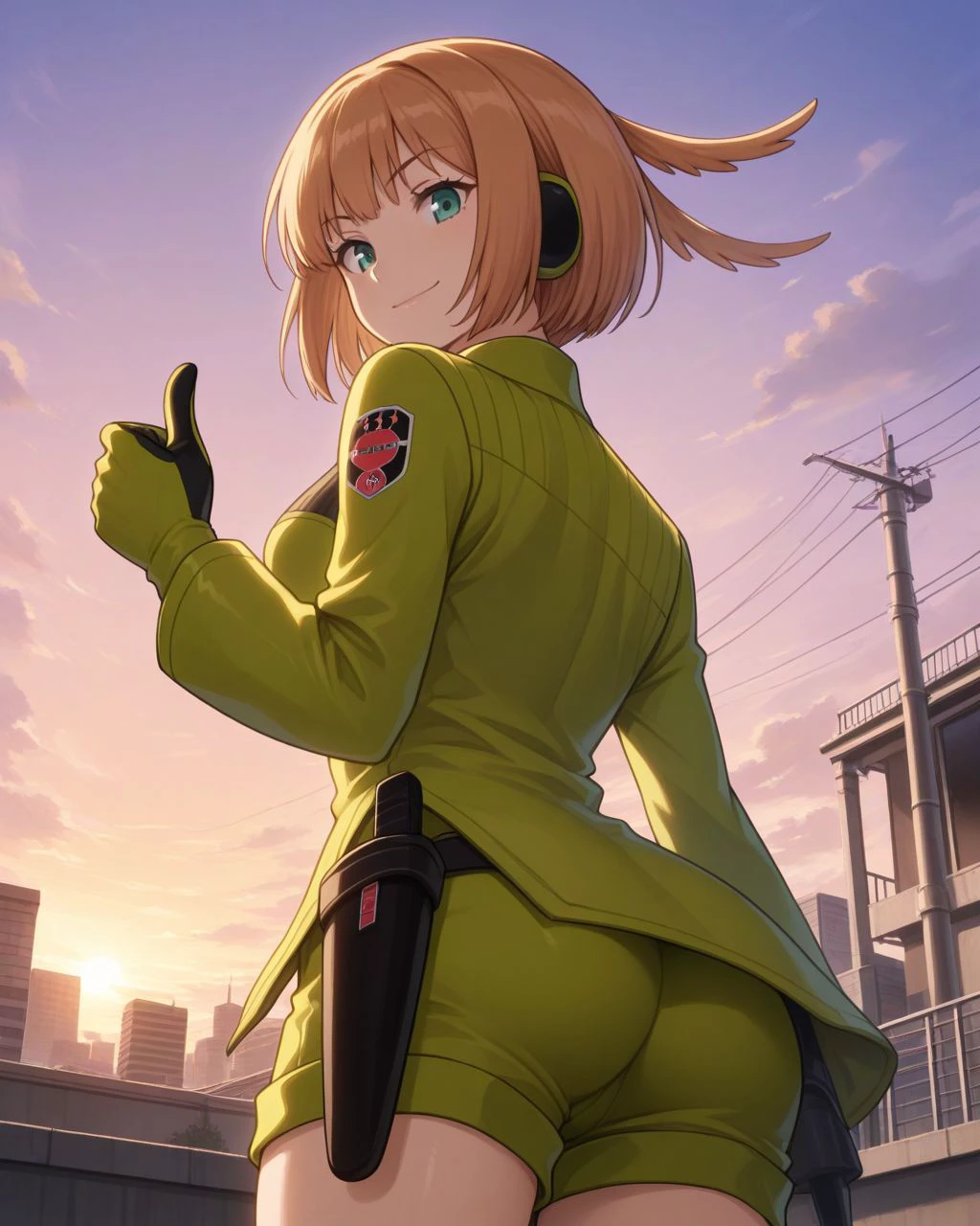 masterpiece, 1girl, solo, konami,green jacket, gloves, green shorts,<lora:konami_trion_illustrious_v2-000006:1>
from behind, looking back, looking at viewer, upper body, light smile, thumbs up, from below, 
city, rooftop, twilight,