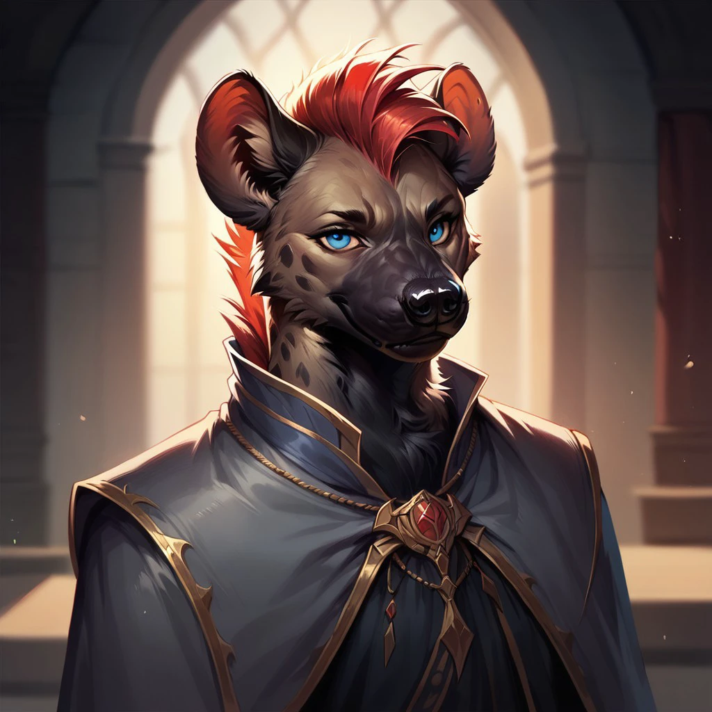 (((detailed, beautiful, high quality))), score_9, score_8_up, score_7_up, 
(depth of field, dynamic lighting),
gnoll, furry hyena,
1 male, black fur, blue eyes, grey cape, red hair, mohawk,
looking at the viewer, posing, 
blurred background, fantasy background, shroud background,