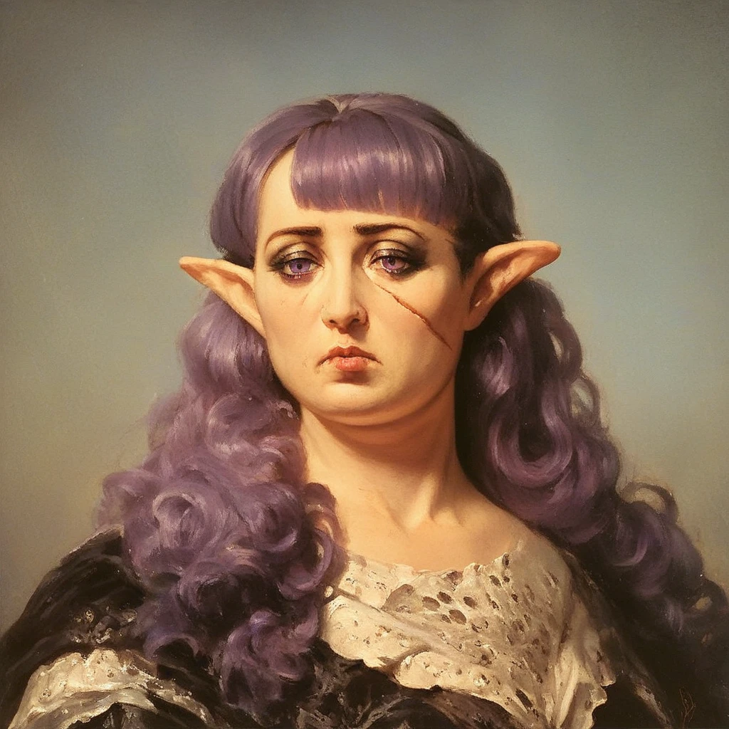 score_9, score_8_up, score_7_up, Janmatejko. Janmatejkostyle. Janmatejkooil. oil painting. classic art. <lora:JanMatejko:1> BREAK, 1girl, mature and imposing, 40 years old, portrait, beautiful, Elf warlock dramatic lights, purple hair, purple eyes, (long hair:1.3), side bangs, white skin, white colored skin, scars, goth, goth makeup, medium brests, purple eyes, mature, mature woman, tired