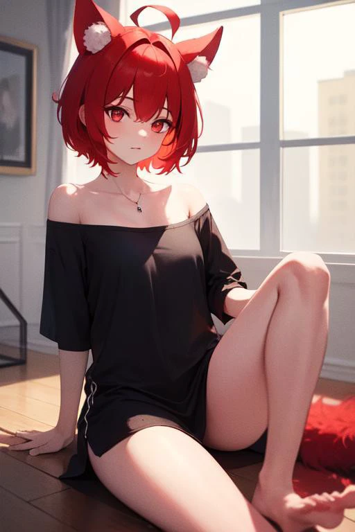 masterpiece, best quality, 32k, high resolution, absurdres, naked black shirt, jewelry, short hair, red eyes, red hair, off shoulder, ahoge, animal ear fluff, no bra, barefoot, closed mouth