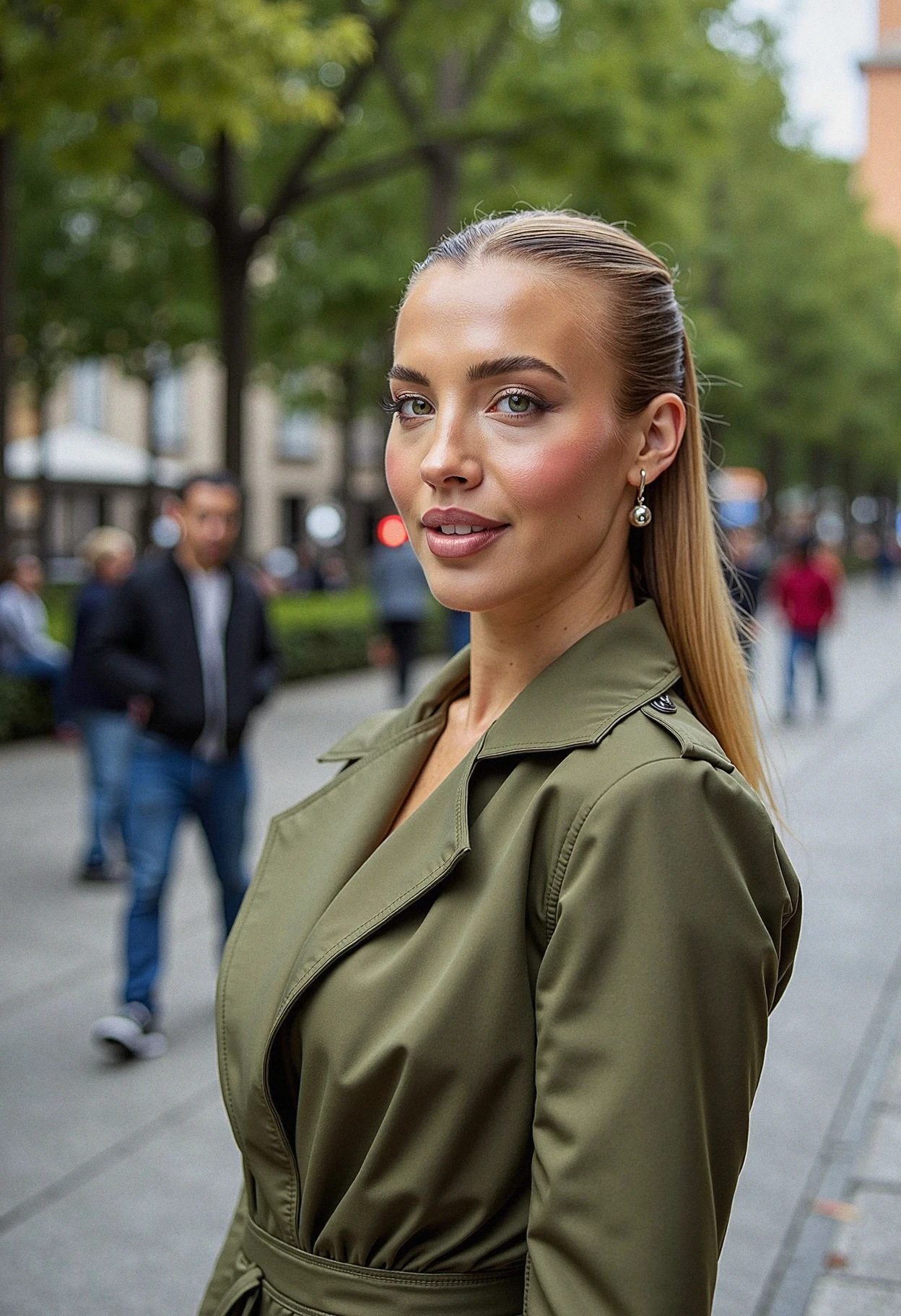 A professional headshot of a woman standing in a bustling urban park, looking confidently at the camera. Sheâs wearing a chic, olive green trench coat, with her hair in a sleek ponytail. The background is a soft blur of greenery and people in motion, but the focus is entirely on her. Natural light highlights her smooth complexion and bold eyebrows, while her expression is neutral yet purposeful, perfect for a business or urban professional. <lora:TammyHembrowV1_7_Flux:1>