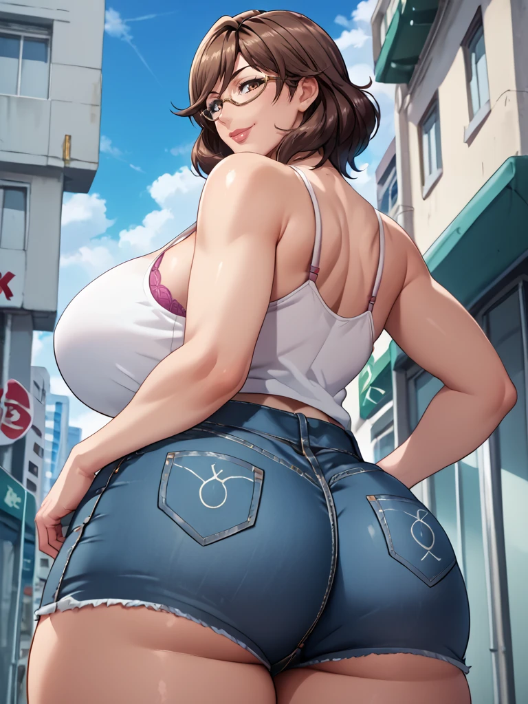 score_9, score_8_up, score_7_up, source_anime, mature female, milf,  <lora:Okudera_Anna:0.6> 0kudera_anna, short hair, brown hair, glasses, brown eyes, bangs, semi-rimless eyewear, under-rim eyewear, huge breasts, lips, white tanktop, sleeveless, bra, denim shorts, ass focus, twisted torso, wide hips, view from below, smile, city, street, sunny day, cloudy sky