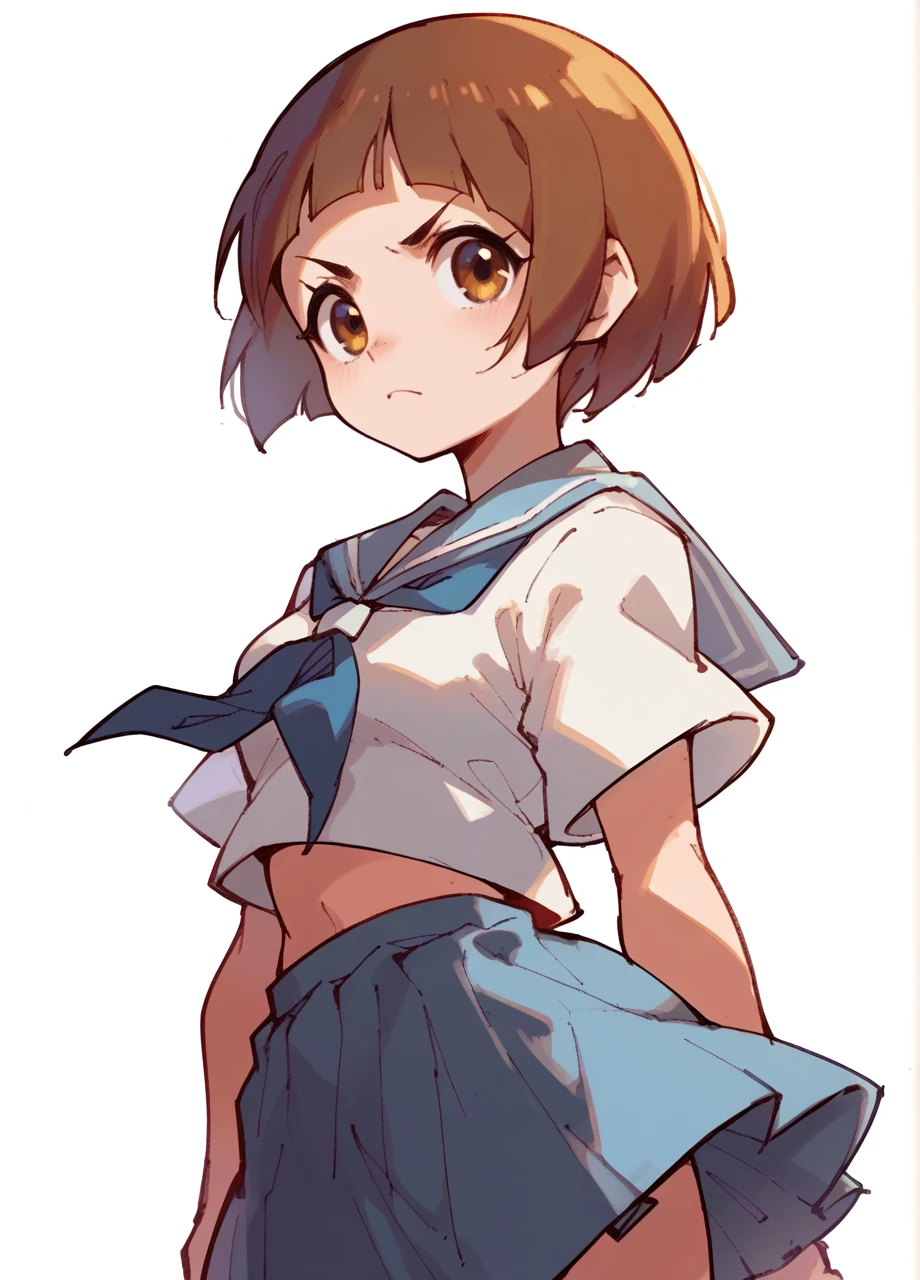 <lora:KLK_Mako-PONY:0.8> 1girl, solo, cowboy shot, white background, mankanshoku mako, bob cut, brown eyes, serafuku, skirt, neckerchief, klkmakodef, score_8_up, score_7_up, score_6_up, score_5_up, score_4_up,