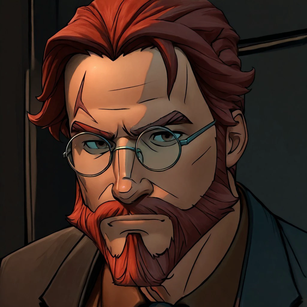 WolfAmongUSStyle-IL.V1.0, best quality, masterpiece, 1boy, glasses, red hair, suit, round glasses, beard, facial hair, mustache, scar, scars on face