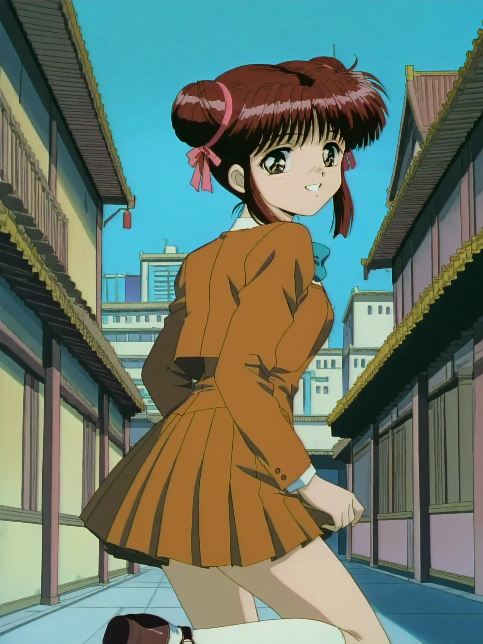 anime coloring, anime screencap, masterpiece, detailed face,
at a Chinese city, buildings,
 <lora:Miaka_Yuuki_Fushigi_Yuugi_-_Illustrious:1>, Miaka Yuuki,  18 year old girl, 1girl, solo, brown hair, brown eyes, (Retro artstyle, 1990s (style)), double bun, hair bun, ribbon, sidelocks, medium breasts, Miaka uniform outfit, double bun, hair bun, ribbon, sidelocks, school uniform, jacket, brown pleated skirt, white kneehighs, bow, mary janes
cowboy shot, happy girl, looking back at the viewer, big smile, mouth open, focus on girl's face, teeth on top row only, low angle, girl in the entire frame of the shot