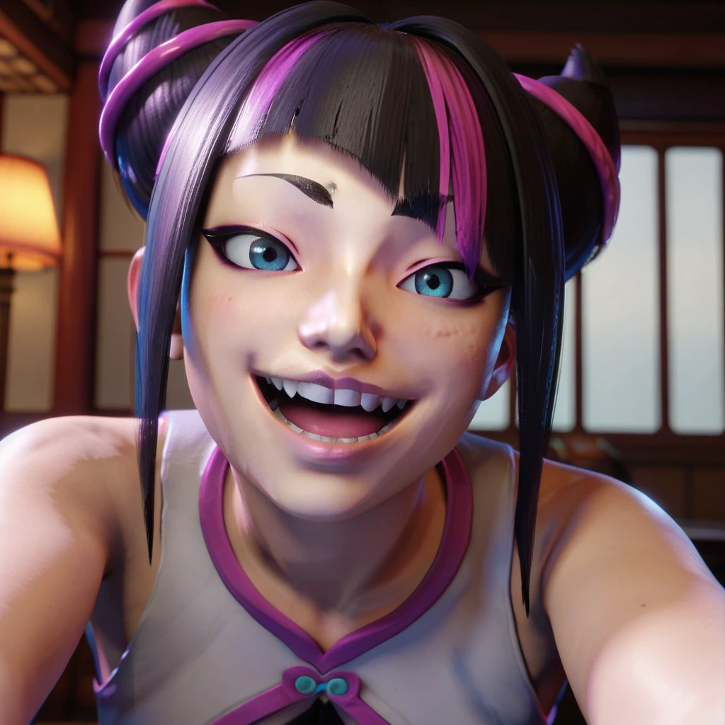 score_9, score_8, score_7, han juri, 3D, POV, looking at viewer, blush, smile, open mouth, upper teeth only