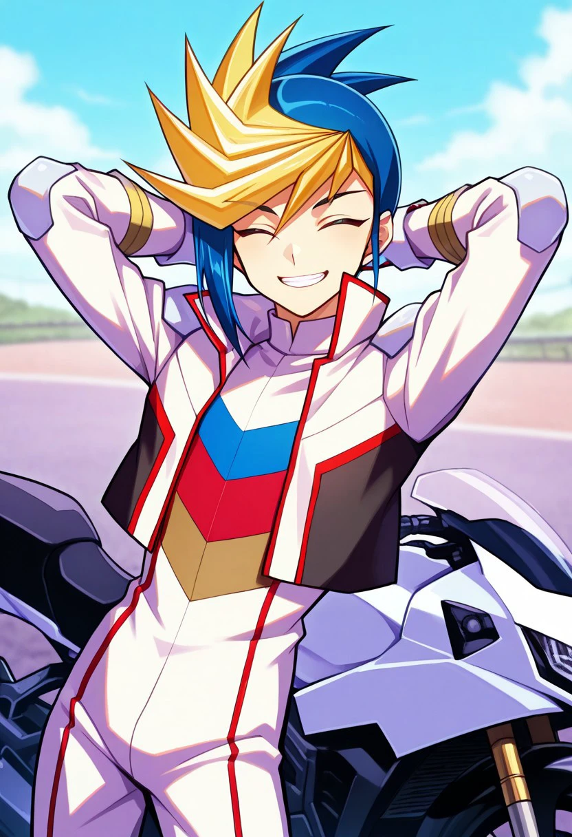 masterpiece, best quality, 
yugo, 1boy, male focus, solo, closed eyes, multicolored hair, two-tone hair, spiked hair, dyed bangs, blue hair, blonde hair, jumpsuit, white jumpsuit, multicolored jumpsuit, jacket, white jacket, shoulder protectors, gloves, smile, grin, hands behind head, motorcycle, futuristic,
outdoor,