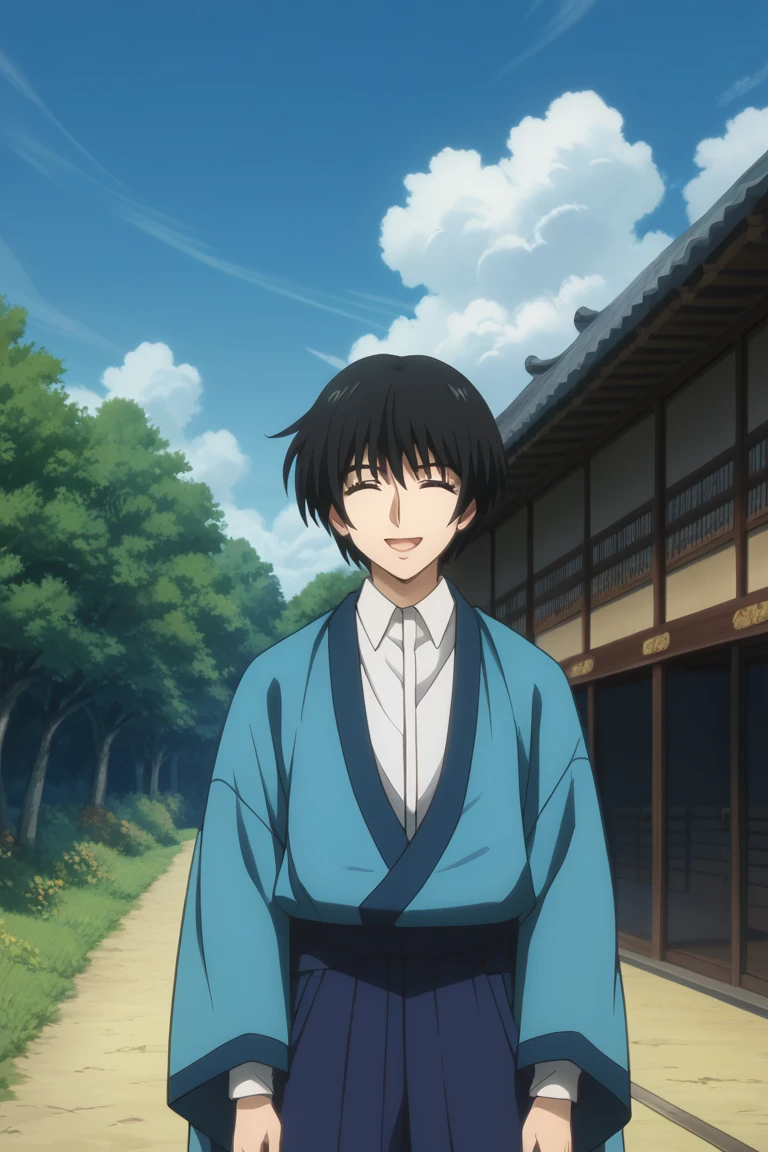 score_9, score_8_up, score_7_up, score_6_up, score_5_up,score_4_up, 
masterpiece, best quality, amazing quality, very aesthetic, absurdres, newest, official art, 
sojirou seta, black hair, blue eyes, japanese clothes, blue kimono, white shirt, 1boy, male focus, closed eyes, solo, smile, open mouth, anime coloring, cloud, outdoors, tree, kimono, sky, ^ ^, upper body