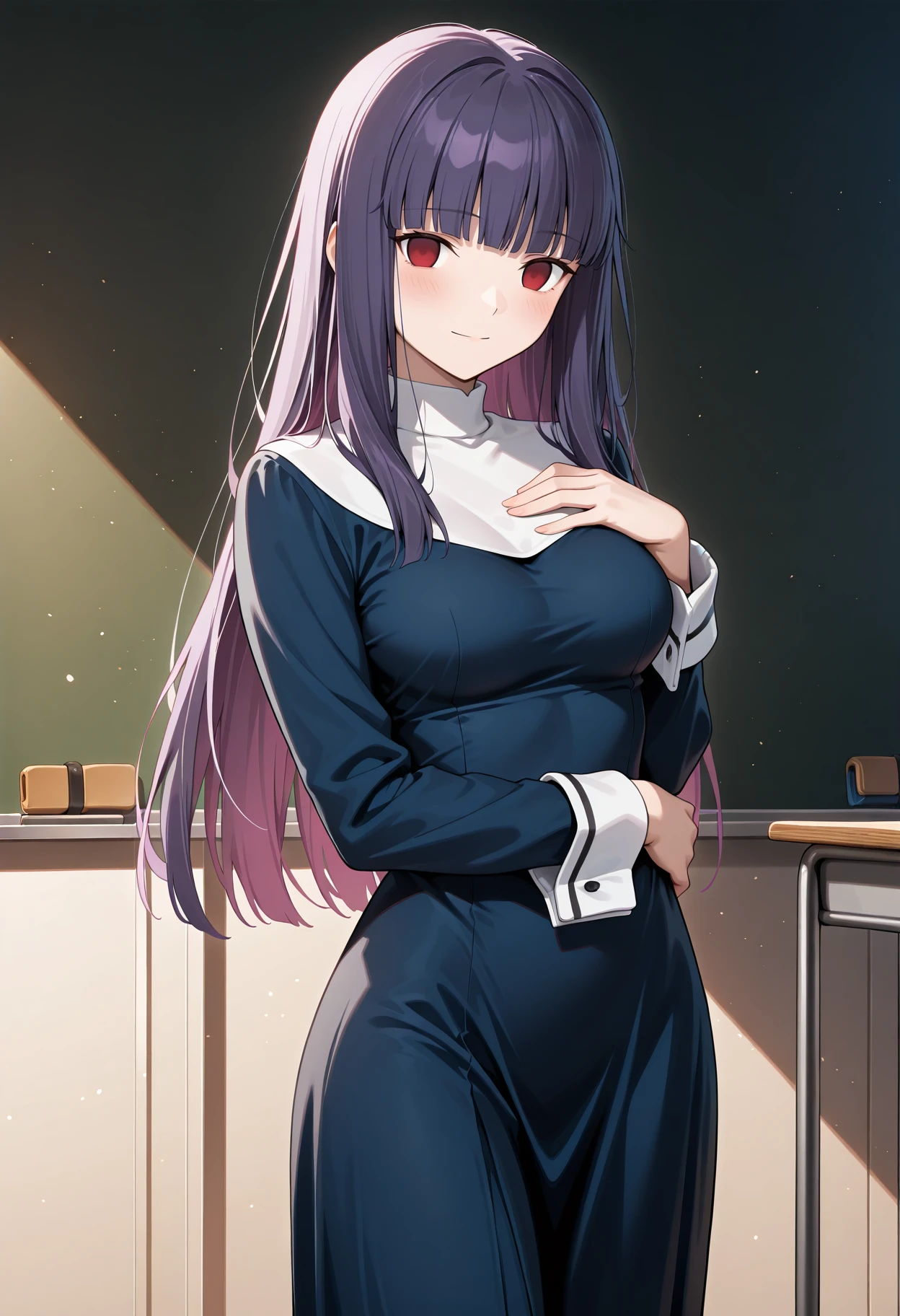 masterpiece,best quality,  a_fujino, 1girl, solo, long hair, purple hair, blunt bangs, red eyes, empty eyes, blue dress, white turtleneck, long sleeves, wrist cuffs, long dress, medium breasts, looking looking at viewer, hand on own breasts, hand on own waist,blush, light smile, closed mouth,  classroom,  <lora:a_fujino_IL-560007:0.9>,