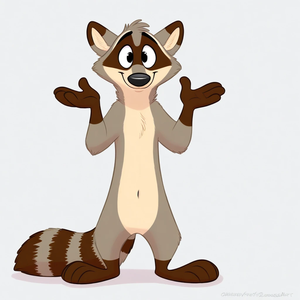 anthro, toony, raccoon, procyonid, mammal, solo, male, fur, simple background, featureless crotch, smile, feet, nude, standing, toes, fingers, biped, 4_fingers, white background, black nose, navel, 3 toes, digital media \(artwork\), markings, chest tuft, looking at viewer, brown fur, front view, hair, brown body, dirtysoda, orlandofox, letodoesart <lora:dirtysoda_1.0noob:1>