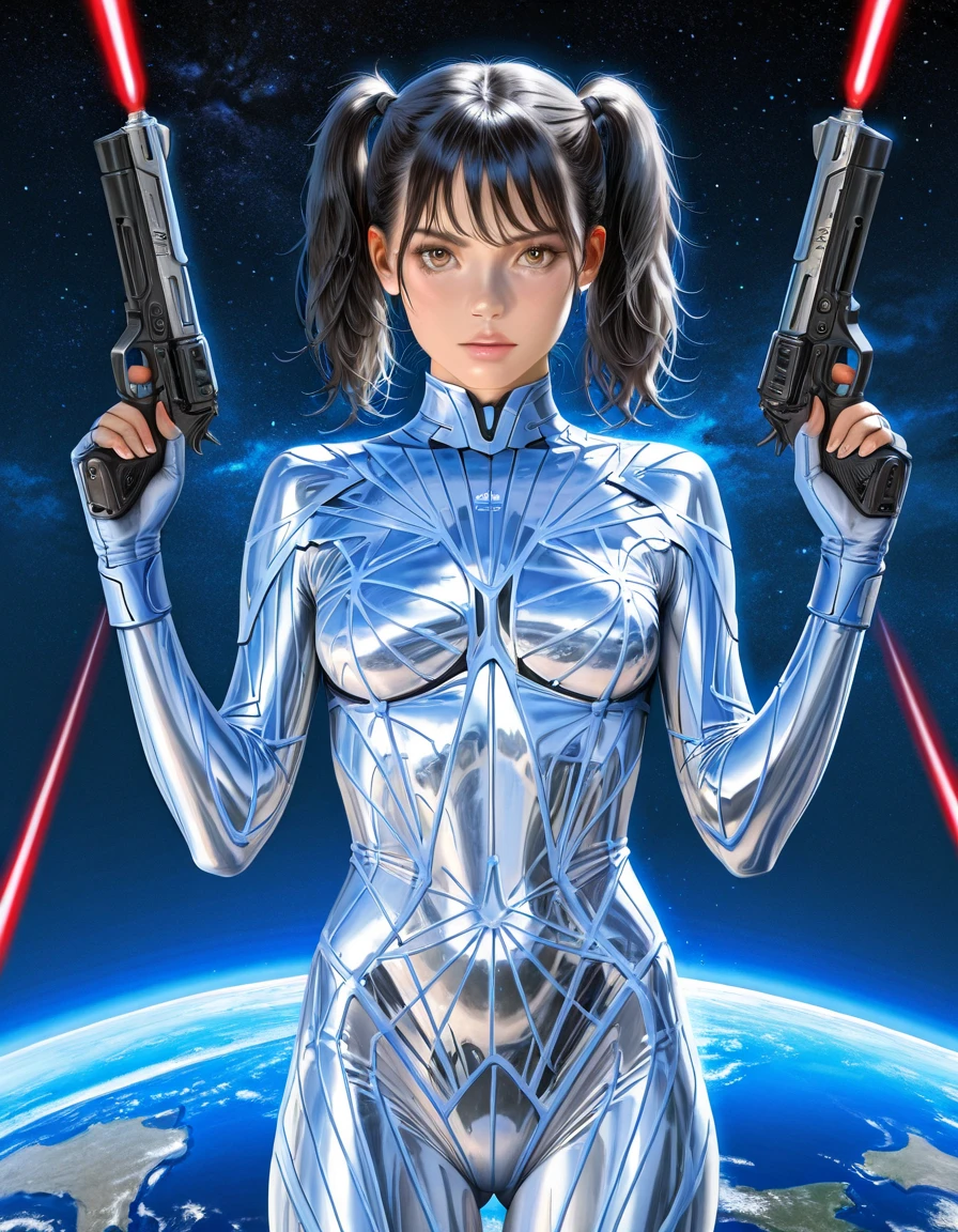 hud_js2, 1girl, solo, brown eyes, bodysuit, twintails, looking at viewer, black hair, realistic, science fiction, light particles, earth \(planet\), shooting, gun, laser, night <lora:silver_bodysuit_illus:0.7> very aesthetic, best quality, absurdres, masterpiece, best quality, amazing quality