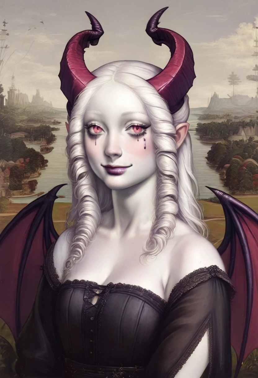 LeonardoDaVinciStyle-IL.V1.0, oil painting, fine art, classic art, masterpiece, best quality, 1girl, white skin, white colored skin, pale skin, albino, albino skin, horns, demon horns, demon girl, succubus, wings, bat wings, demon wings, goth, goth girl, goth makeup, runny makeup, smile, grin, closed mouth,