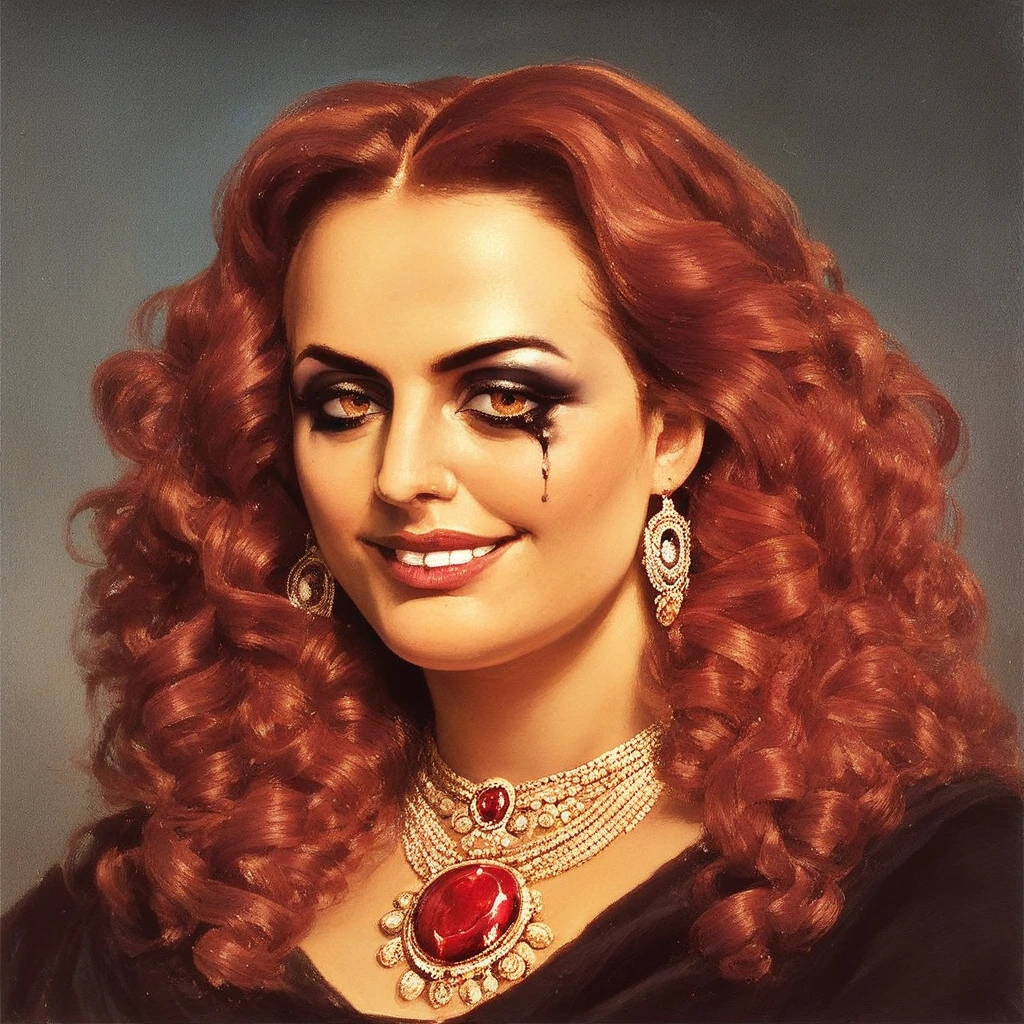 score_9, score_8_up, score_7_up, portrait, beautiful, Janmatejko. Janmatejkostyle. Janmatejkooil. oil painting. classic art. <lora:JanMatejko:1> Elf, goth, goth makeup, seductive, seductive smile, long red wavy hair, red hair, smug, grin, mascara, eyeshadow, heavy makeup, mature, mature woman, royal, regal, elegant, jewels, jewelry, ruby jewelry. ruby, ruby neckless, golden eyes, latina, latina skin, latina woman