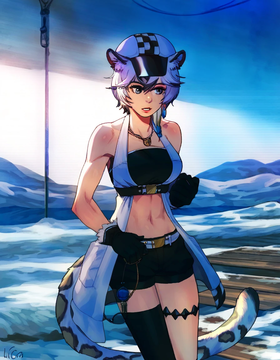 score_9, score_8_up, source_anime, masterpiece, best quality, amazing quality, very aesthetic, absurdres, newest, scenery, volumetric lighting, source_anime, vibrant colors, BREAK ((ensia silverash, 1girl, female, solo, animal ears, tail, animal ears fluff, short hair, snow leopard girl, grey eyes, bandeau, black shorts, snow leopard ears, snow leopard tail, black gloves, breasts, cabbie hat, grey hair, jewelry, necklace, single thighhigh, covered midriff)), ^_^, cowboy shot, train, indoor, BREAK kitchen, indoor, BREAK <lora:incase_style_v3-1_ponyxl_ilff>, <lora:Ensia_Silverash>