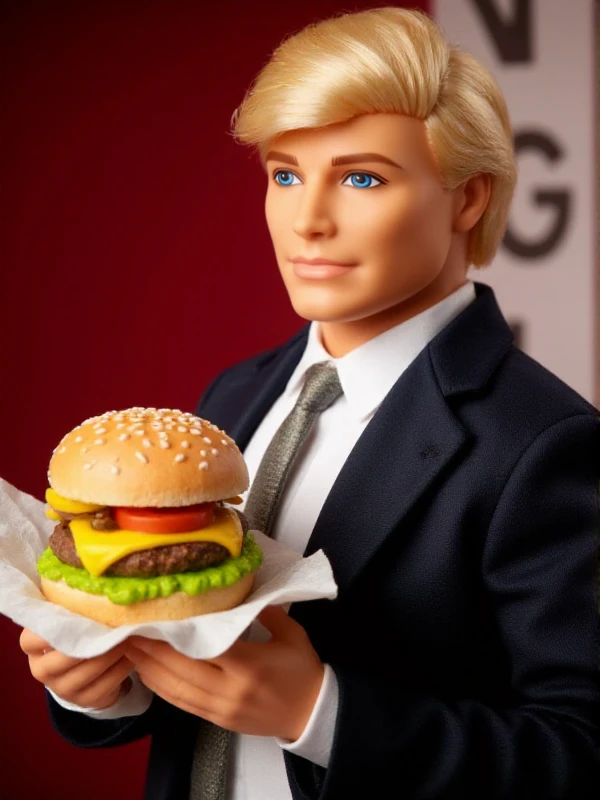 <lora:Barbie Style:0.9> barbie style, donald trump holds a burger