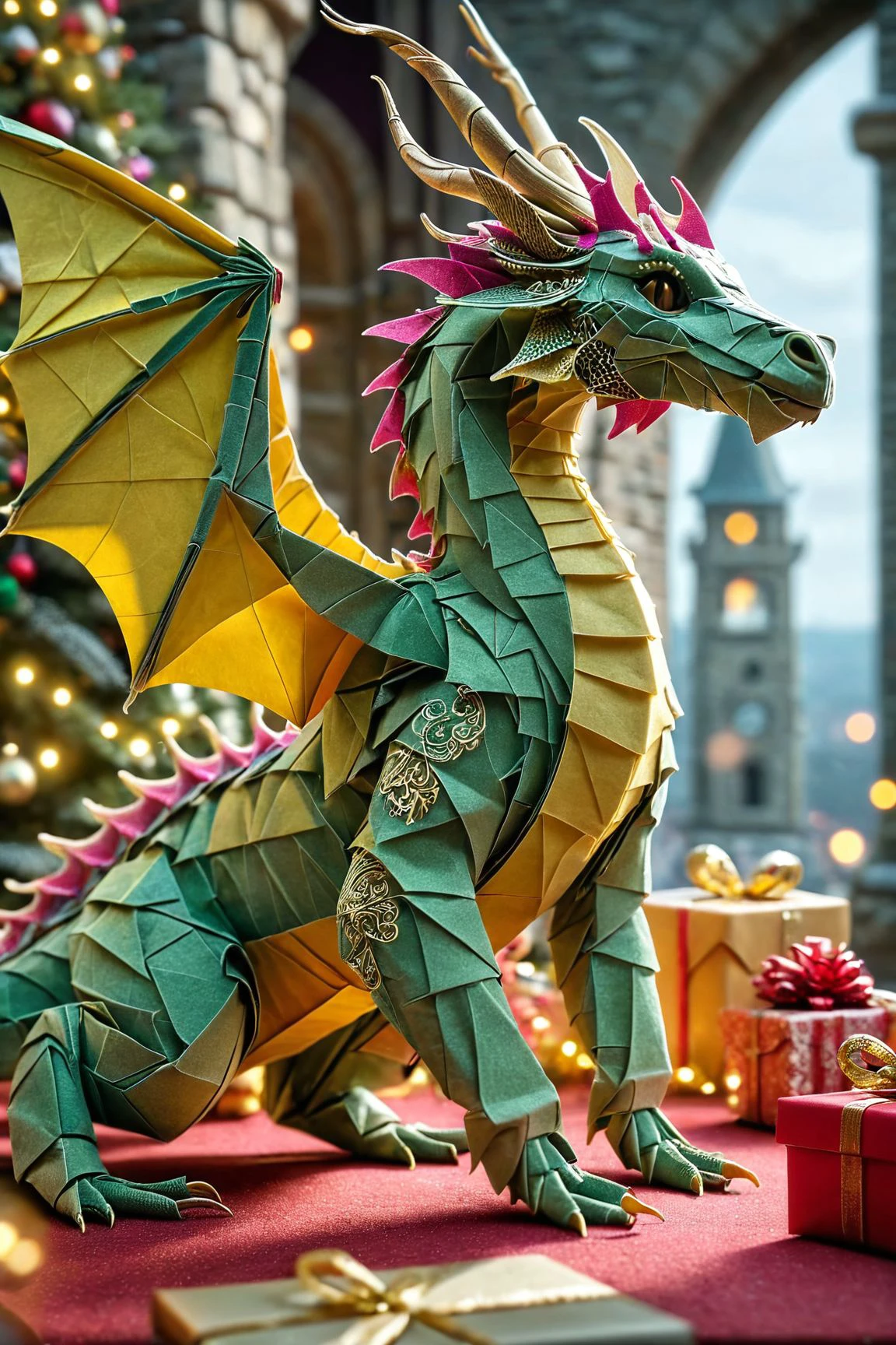 <lora:Post-It-Christmas-v1.0.7:1> post-it Christmas,
masterpiece, 4k, ray tracing, intricate details, highly-detailed, hyper-realistic, 8k RAW 
A large, dragon-like creature stands in front of a tower.
cinematic light, dramatic light, shallow depth of field,  high budget, bokeh, cinemascope, film grain, grainy,