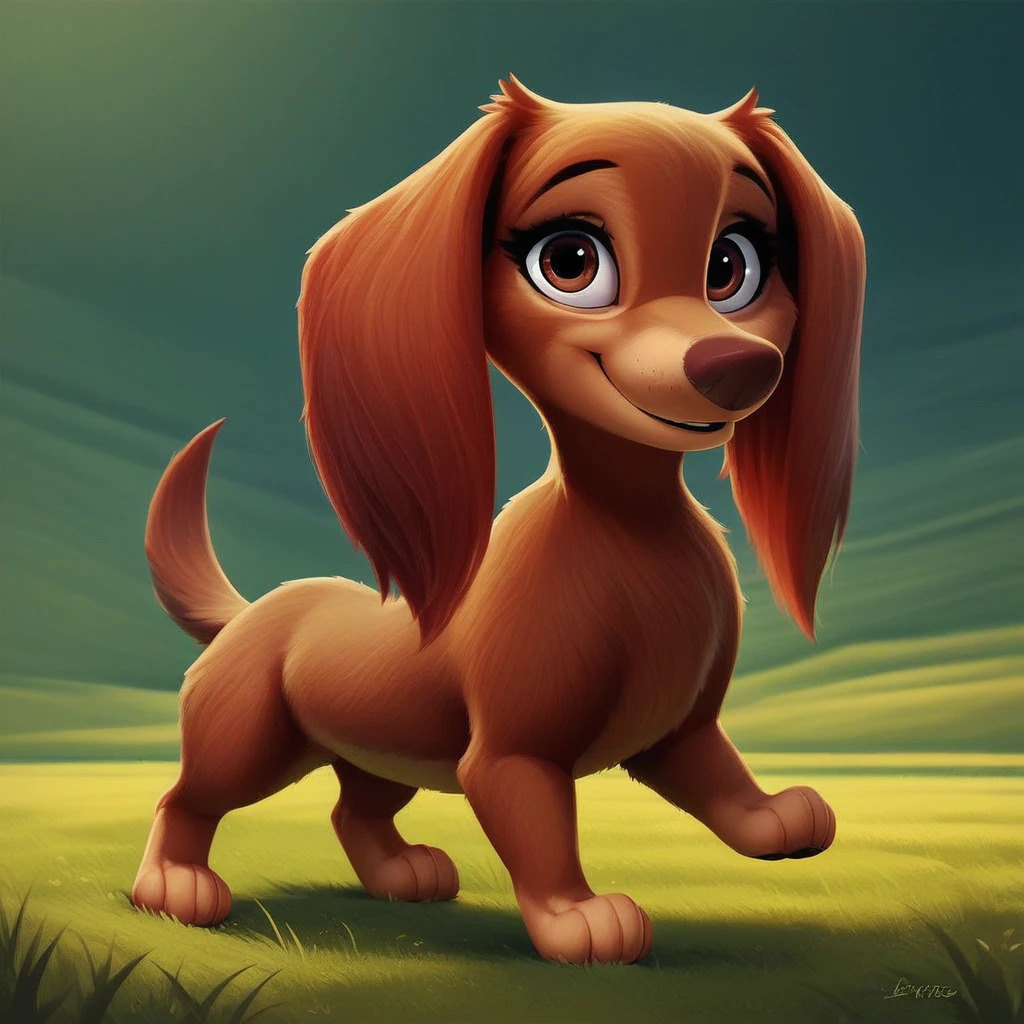 score_9, score_8_up, score_8, score_7, source_cartoon, Liberty(pp), solo, feral, dog, dog girl, long-haired Dachshund, brown fur, tan paws, tan belly, tan muzzle, brown nose, brown eyes, long ears, short tail, full body, looking at viewer, smile, standing, grass field setting,