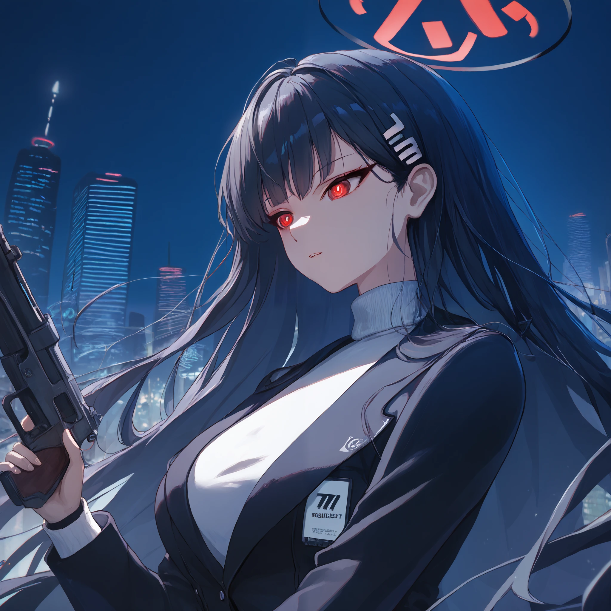 score_9, score_8_up, score_7_up, score_6_up, BREAK source_anime, 1girl, solo, city, night, holding gun, close up, masterpiece, best quality, high detailed skin,  rio_(blue_archive), black hair, long hair, hairpin, red eyes, white pupils, halo, black jacket, white sweater,