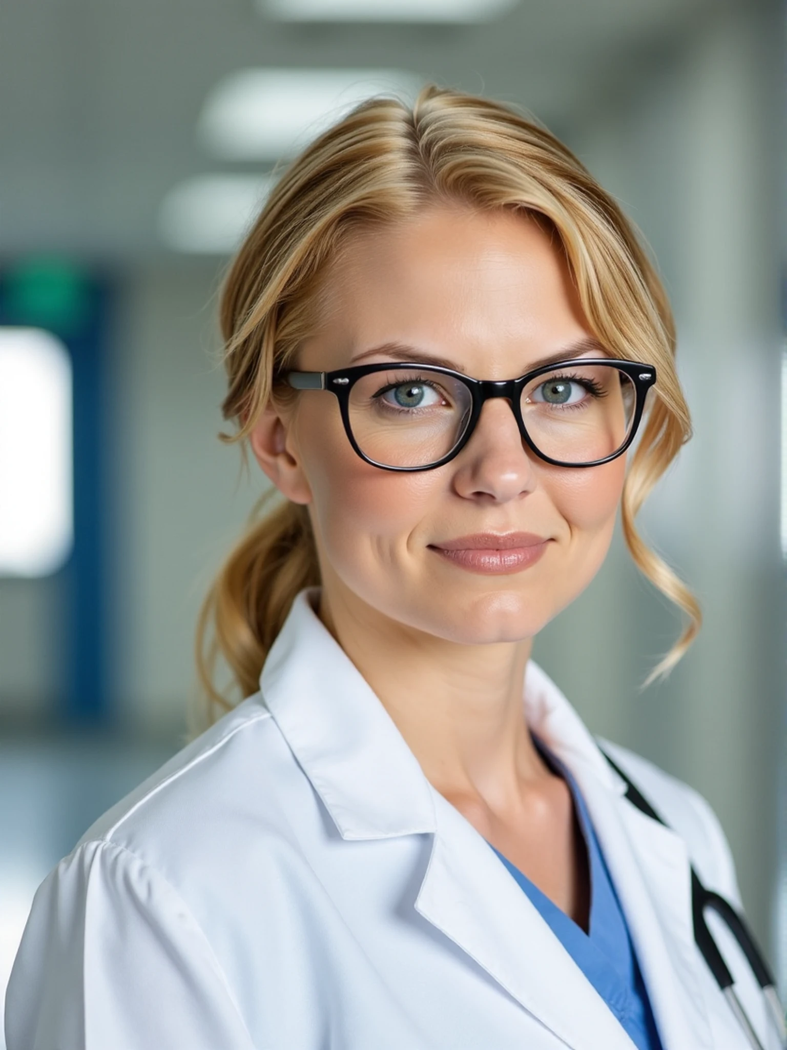 <lora:jennifer-morrison-v1-000002:1> woman, blonde, stylish eyeglasses, as a doctor in a hospital