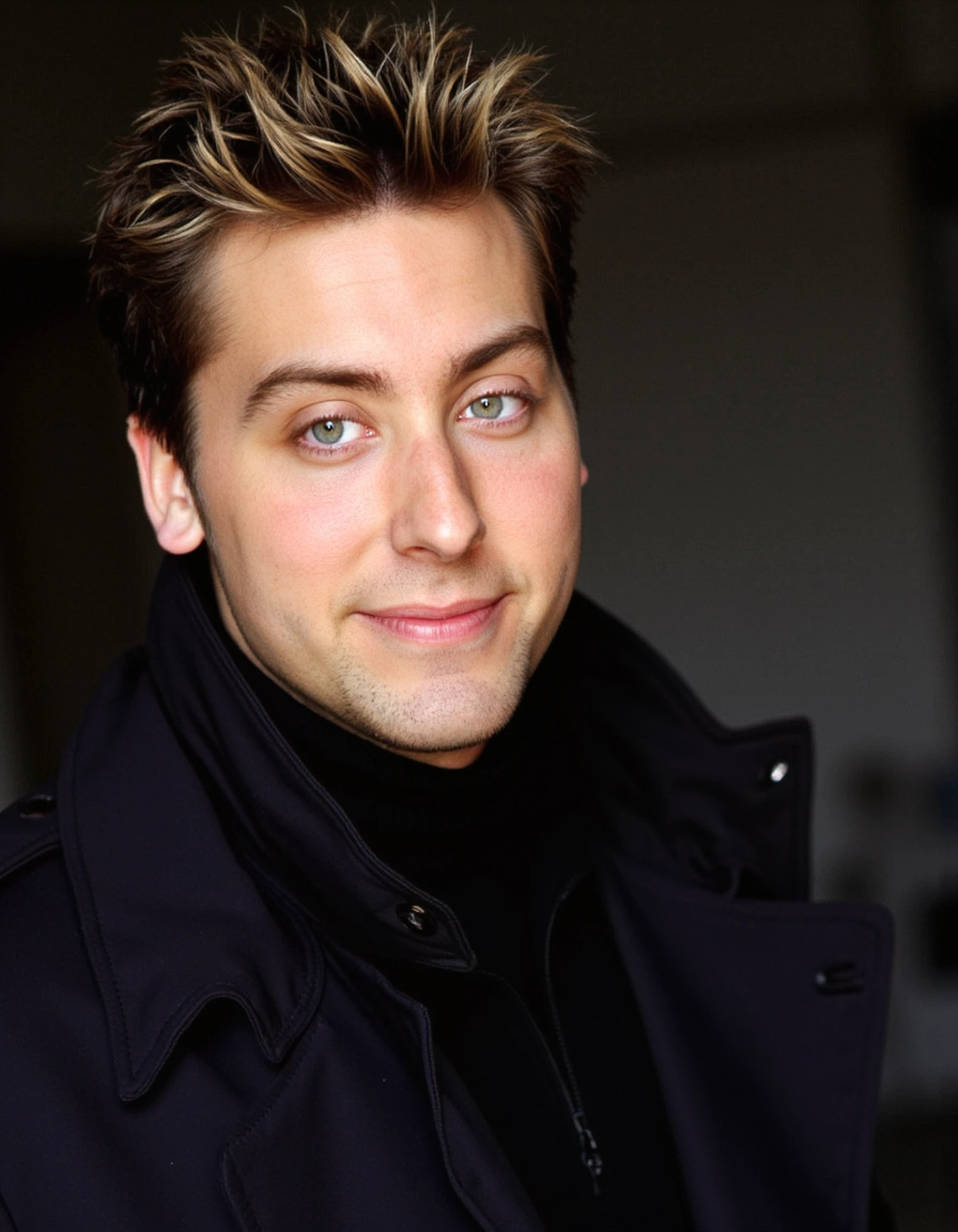 A close-up of Lance Bass and a relaxed and confident smirk, his jawline highlighted by soft, moody lighting. He wears a sleek black turtleneck and a tailored coat draped over his shoulders. 