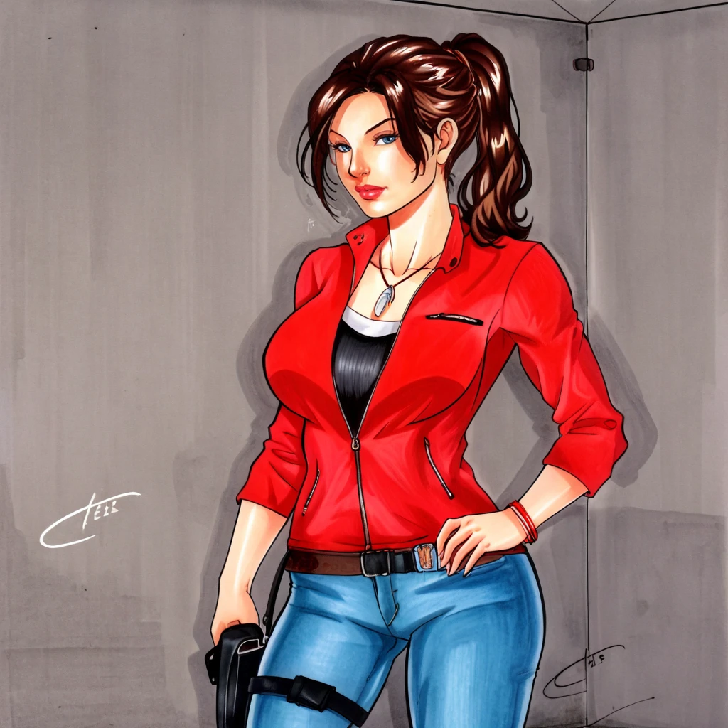 <lora:carlatorres_pony_v2:1> score_9, carlatorres_style, carlatorres, source_artwork, traditional media, marker (medium)  <lora:clairere2remake_pony_v1:.8> ClaireResidentEvil2Remake, 1girl, large breasts, denim, brown hair, belt, jewelry, red jacket, jeans, pants, ponytail, necklace, long hair, blue eyes, zipper, holster, cowboy shot