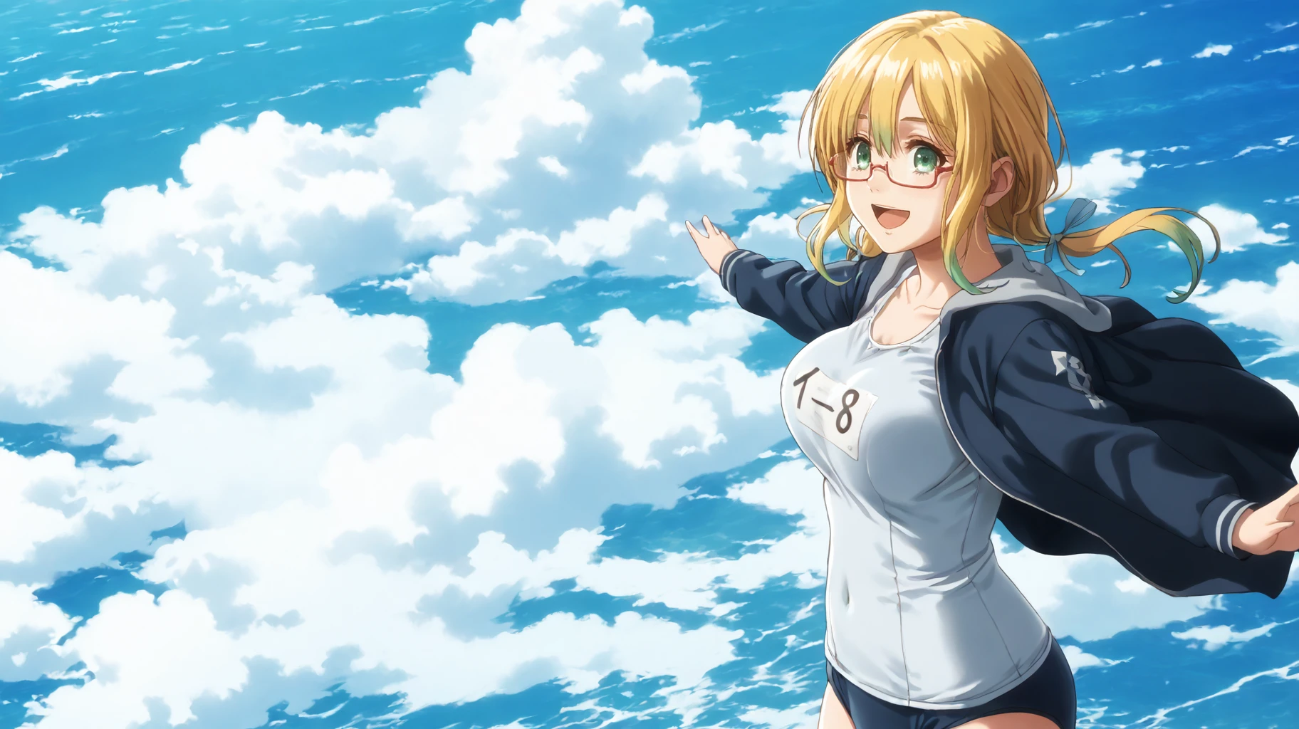 <lora:hachi.pony:1>,hachi, <lora:SNK:1>,wit,low twintails, gradient hair, ocean,, thighhighs, light sunbeam, long hair, above the clouds,green eyes, happy,blonde, large breasts, from side, (school swimsuit:1.2),  cloud, solo, sky, day,, open mouth, jacket,semi-rimless eyewear, blonde hair