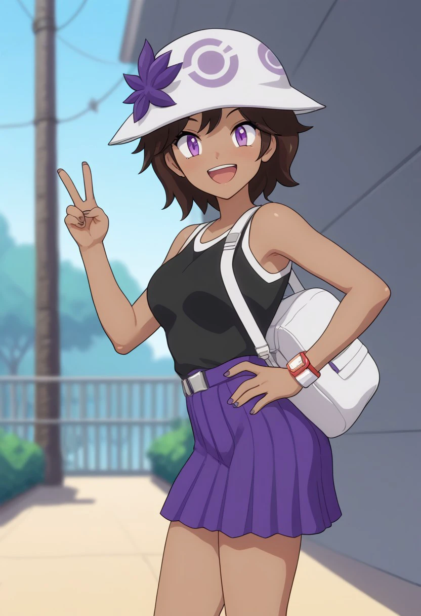 (source_anime, score_9, score_8_up, score_7_up:1), 
1girl, solo, side view, 
trainerjasmine, jasmineoutfit, 
dark-skinned female, purple eyes, brown hair, 
nude, looking at viewer, smile, hand on hip, peace sign, open mouth, 
outdoors, 
pokemon \(classic anime\), anime screencap