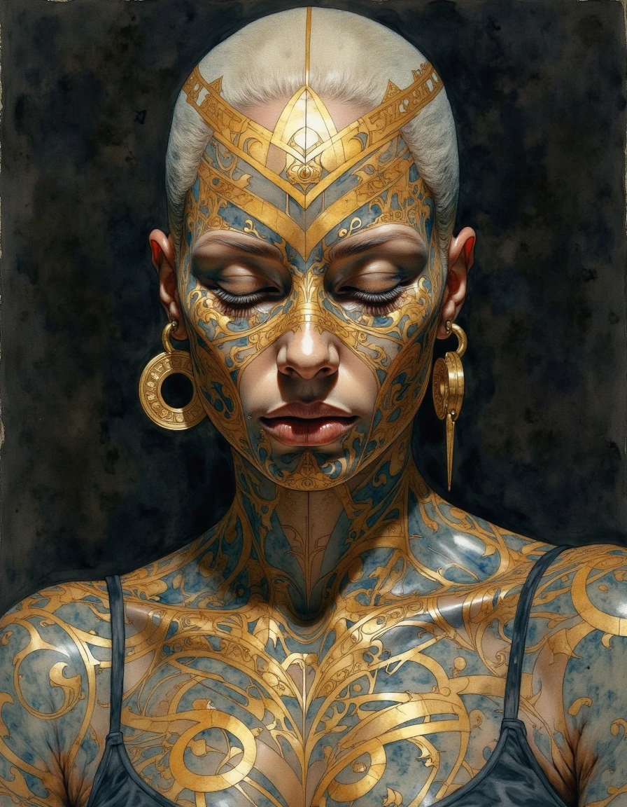 Portrait by Dorota Pietrowiak. This is a highly detailed, surrealistic watercolor painting of a close-up of a person's upper torso and head. The subject is a bald woman with dark skin, adorned with intricate, tribal-style tattoos that cover her entire face and chest. The tattoos are done in a gold and black color scheme, with elaborate patterns and geometric designs that include symmetrical swirls, triangles, and abstract shapes. The woman's facial features are barely discernible due to the extensive tattooing, which extends from her forehead, around her eyes, and down to her lips. Her eyes are closed, and her expression is calm and serene. She wears large gold hoop earrings and has a slight smile, adding a subtle, serene expression to her face. The background is completely black, which contrasts sharply with the gold and black tattoos, making them stand out prominently. The lighting is soft and diffused, highlighting the smooth texture of the skin and the intricate details of the tattoos. The overall style of the artwork is contemporary and abstract, with a strong emphasis on geometric patterns and bold, contrasting colors. <lora:Dorota_Pietrowiak:0.85>