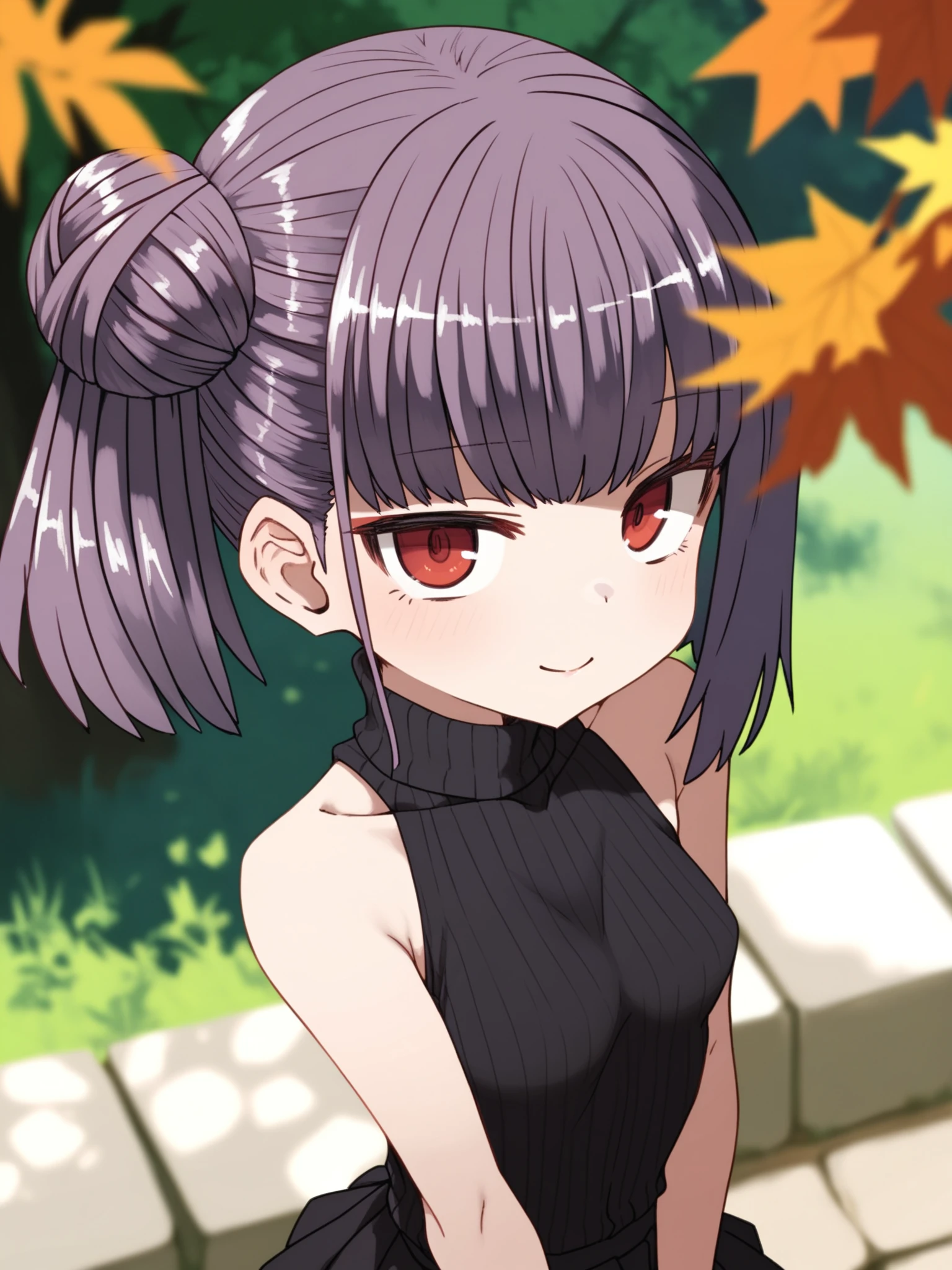 <lora:happy_tentacle-sumisifu-v0.4-000004:0.9>, ht_sumisifu, , purple hair, red eyes, , smirk, outdoors, autumn, sleeveless shirt, turtleneck sweater cowboy shot, 1girl, (petite:1.2), solo focus, (looking at viewer:1.1), sidelighting, (depth of field:0.8), from above, score_9, score_8_up, score_7_up, score_6_up, score_5_up, score_4_up