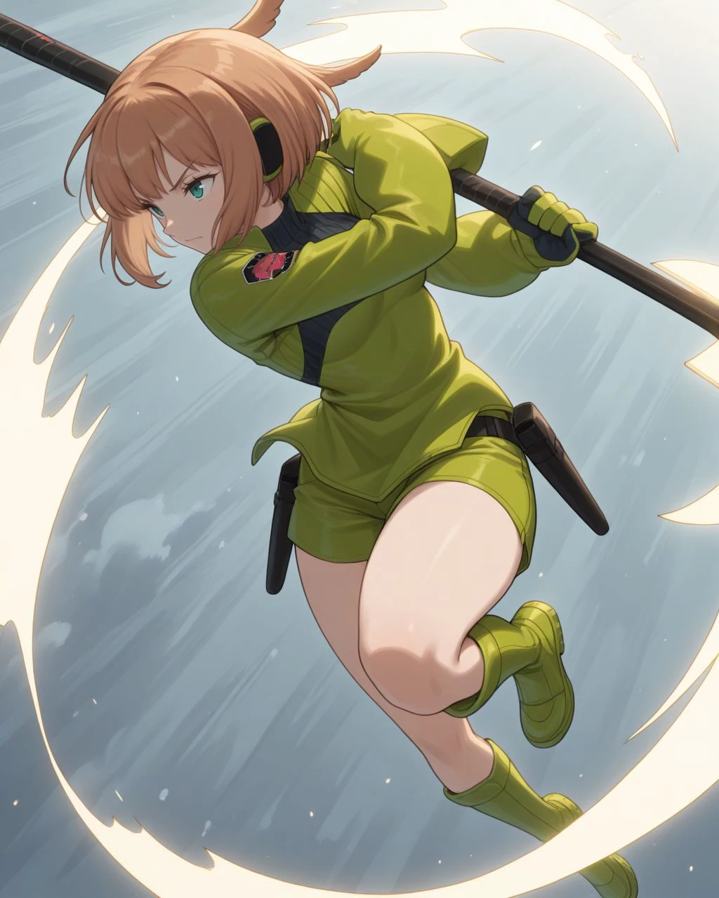 masterpiece, 1girl, solo, konami,green jacket, gloves, green shorts, green footwear,<lora:konami_trion_illustrious_v2-000006:1>
dynamic pose, battle, holding axe, close-up,