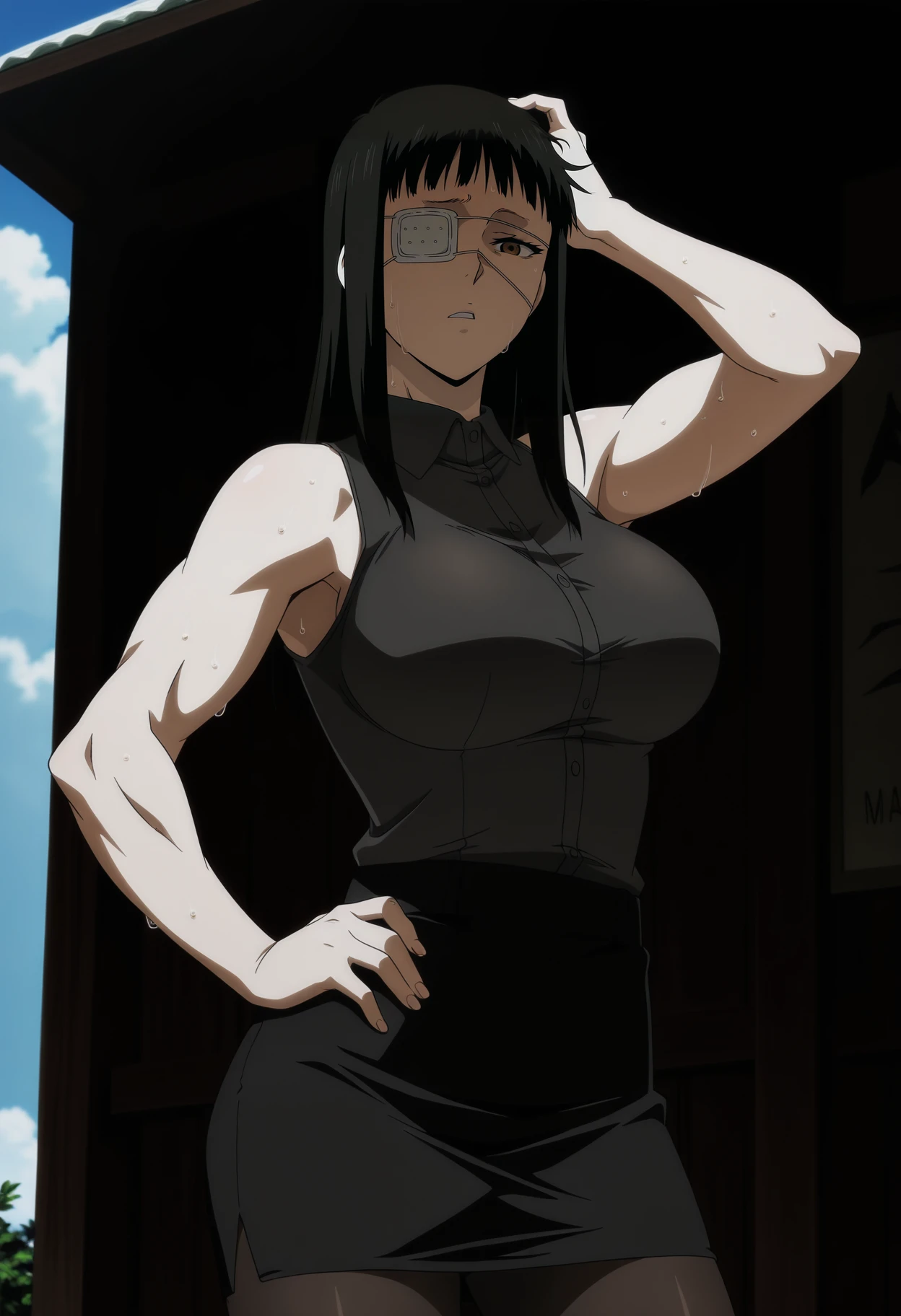 1girl,solo,mm,mature female,black hair,eyepatch,brown eyes,large breasts,anime coloring,long hair,
muscular,sleeveless shirt, pencil skirt, pantyhose, hand on own hip, sweat,hot,summer,hand on own head, outdoors
,masterpiece,best quality,amazing quality,<lora:Valmet-Jormungand_ix:0.8>