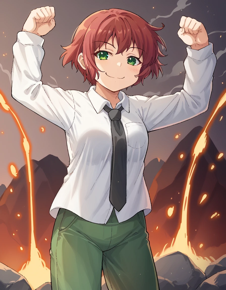 score_9, score_8_up, score_7_up, source_anime, <lora:rin-tezuka-ingame-ponyxl-lora-nochekaiser:1>, rin tezuka, short hair, green eyes, red hair, amputee,, shirt, long sleeves, school uniform, white shirt, necktie, collared shirt, pants, green pants,, volcano, lava, rock, fire, smoke, , <lora:colombia-pose-ponyxl-lora-nochekaiser:1> colombia pose, colombia pose (meme), meme, raised fists, victory pose, arms up, smile, smug,, blush, cowboy shot,, looking at viewer, solo,, dutch angle, cowboy shot