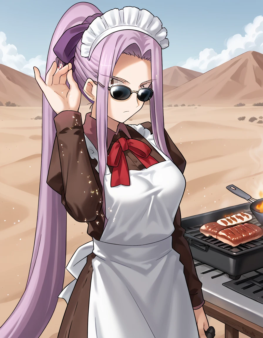 score_9, score_8_up, score_7_up, source_anime, <lora:rider-medusa-ingame-ponyxl-lora-nochekaiser:1>, medusa, long hair, very long hair, purple hair, large breasts,, ponytail, glasses, apron, maid, maid headdress, enmaided,, desert, sand, dunes, cacti, heat, , <lora:salt-bae-ponyxl-lora-nochekaiser:1> salt bae, salt bae (meme), salt, springkling, meme, cooking, steak, sunglasses, mean, grilling, grill, frying pan, food, hand up,, looking at viewer, solo,, dutch angle, cowboy shot