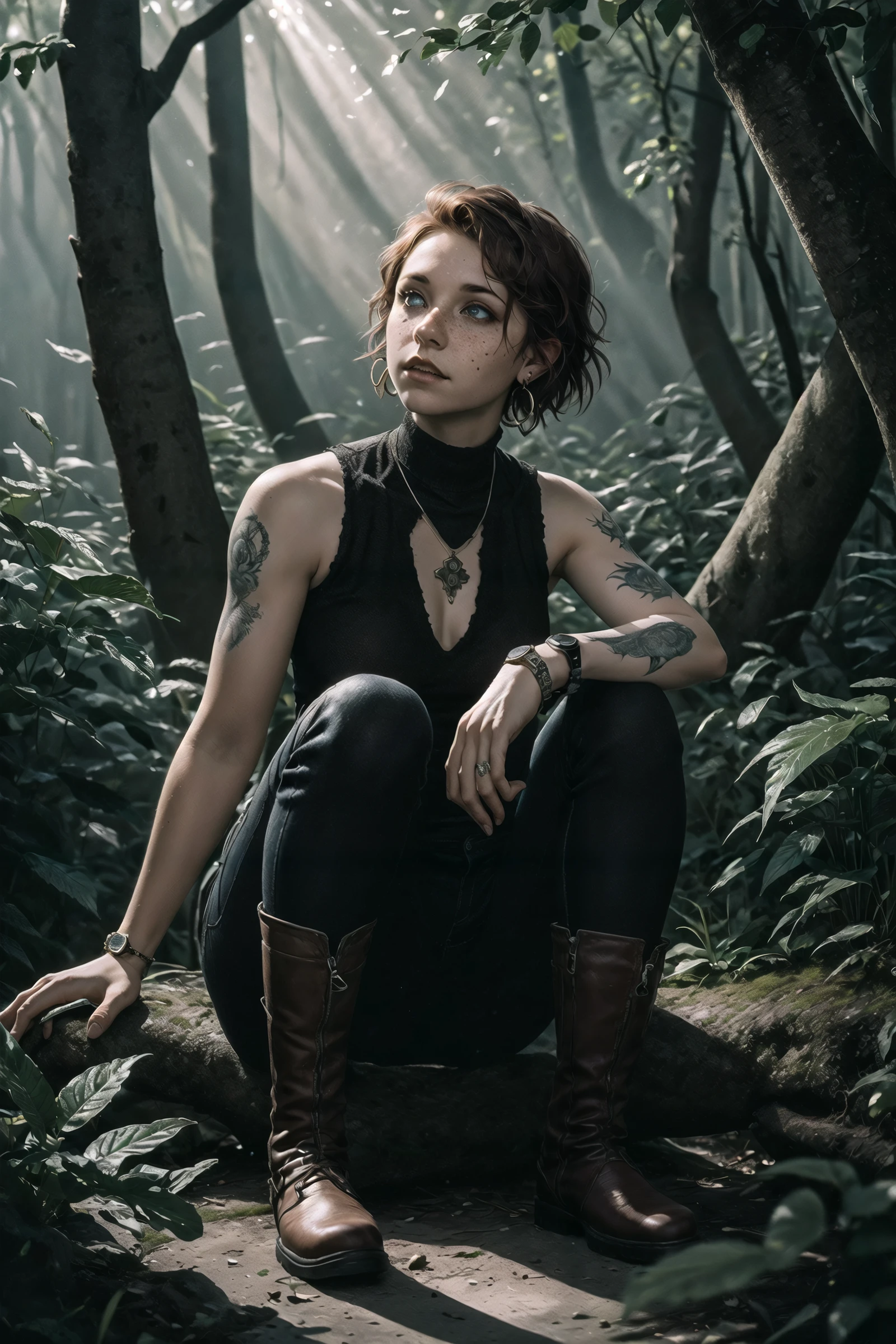 (masterpiece),(best quality),(extremely intricate),(sharp focus),(cinematic lighting),(extremely detailed), (digital art),,fantasy art by Tyler Edlin and Jeffrey Smith, 1girl, solo, looking_at_viewer, short_hair, brown_hair, jewelry, sitting, outdoors, earrings, boots, sleeveless, pants, tattoo, black_pants, leaf, plant, nature, freckles, forest, watch, realistic, wristwatch, extremely stylish, beautiful detailed, highly detailed, dynamic dramatic beautiful full taking, dynamic cinematic perfect background, imposing, Fantasy art, digital painting, imaginative worlds, dynamic compositions, intricate details, Fantasy art, detailed environments, epic storytelling,pg-13,