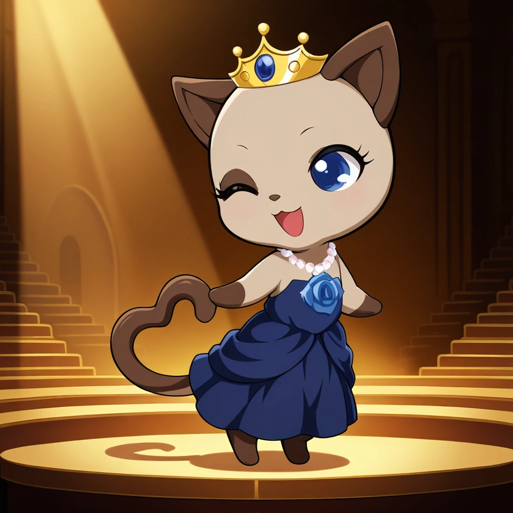 best quality, masterpiece, realistic, furry, no humans, jpkaiya, female, cat, chibi, feral, digitigrade, light brown body, light brown fur, brown toes, brown ear, brown tail, heart shaped tail, crown, white pearl necklace, blue rose brooch, brown eyelids, opera dress, blue eyes, one eye closed, open mouth, smile, looking sideways, standing, reach out, detailed background, on stage, theater <lora:jp_Kaiya_Illustrious:1>