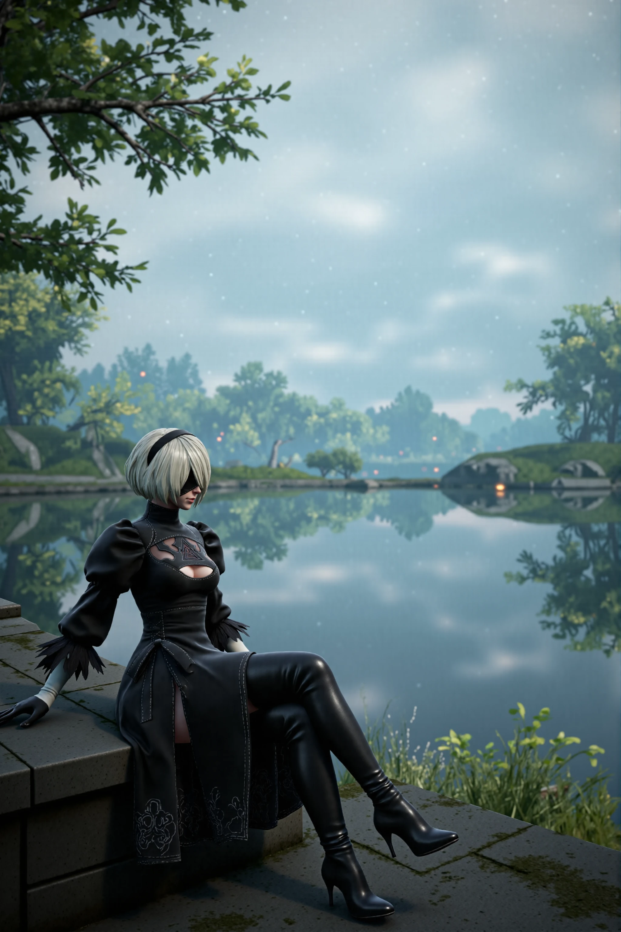 Envision a full body shot of 2B relaxing by a foggy lake.
In the distance, faint lights are barely visible beyond the haze., <lora:Flux:1.0>