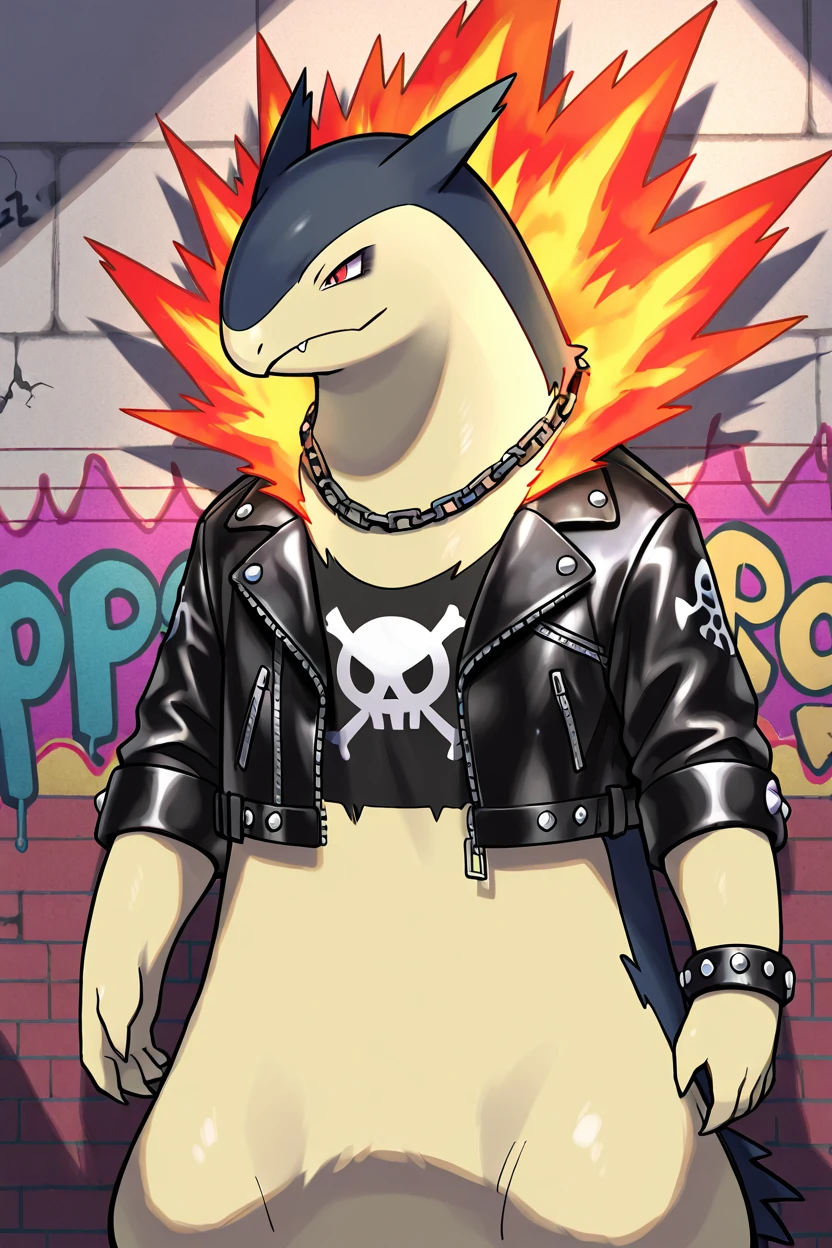 masterpiece, best quality,   no humans, pokemon (creature), fire,  <lora:TyphlosionPokedexIXL:1.0>,   Goth Punk, zzTyphlosion in black leather jacket, studded bracelet, dark makeup, moody expression, urban alleyway, graffiti wall, chain, band tee