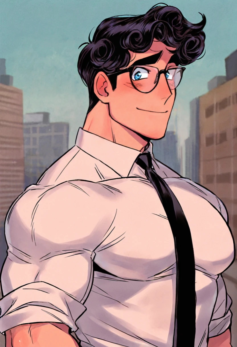 best quality, masterpiece, 1boy, solo, clark kent, black hair, short hair, curly hair, butt chin, muscular male, glasses, blue eyes, button up shirt, white shirt, black necktie, necktie, dimples, smile, upper body, portrait, urban background, blurry background, shy, large biceps, looking at camera, retro artstyle, traditional media, <lora:Disney_Renaissance_IL-08:1>