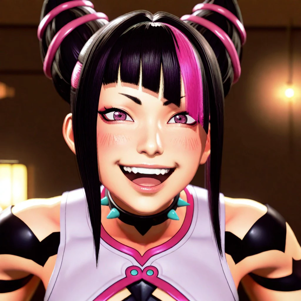 masterpiece, best quality, 32k, high resolution, absurdres, han juri, 3D, POV, looking at viewer, blush, smile, open mouth, upper teeth only