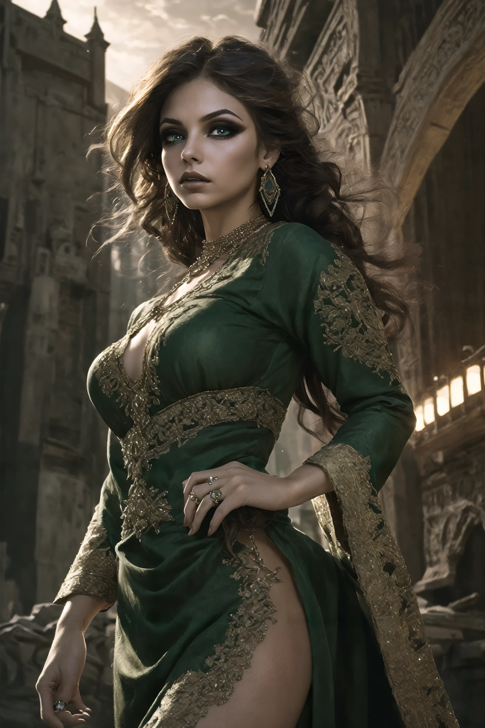 (masterpiece),(best quality),(extremely intricate),(sharp focus),(cinematic lighting),(extremely detailed), (digital art),,digital art by Roy Krenkel and Jordan Grimmer, 1girl, solo, long_hair, brown_hair, dress, jewelry, green_eyes, earrings, necklace, lips, tattoo, makeup, ring, green_dress, realistic, embroidery, extremely stylish, beautiful detailed, highly detailed, dynamic dramatic beautiful full taking, dynamic cinematic perfect background, imposing, fantasy art, detailed, imaginative, adventurous, fantasy, epic landscapes, detailed, atmospheric,pg-13,